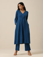 Thumbnail for trueBrowns Classic Blue Slub Texture Overlap Pleat Kurta Pant Set - Distacart