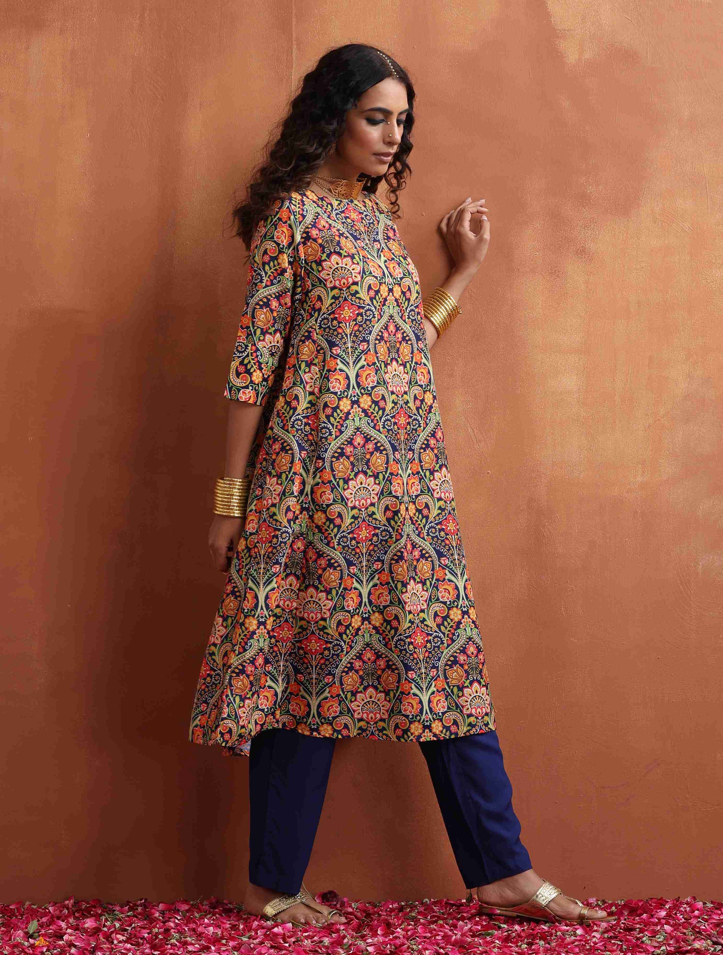 trueBrowns Blue Print A-line Kurta Set - Distacart