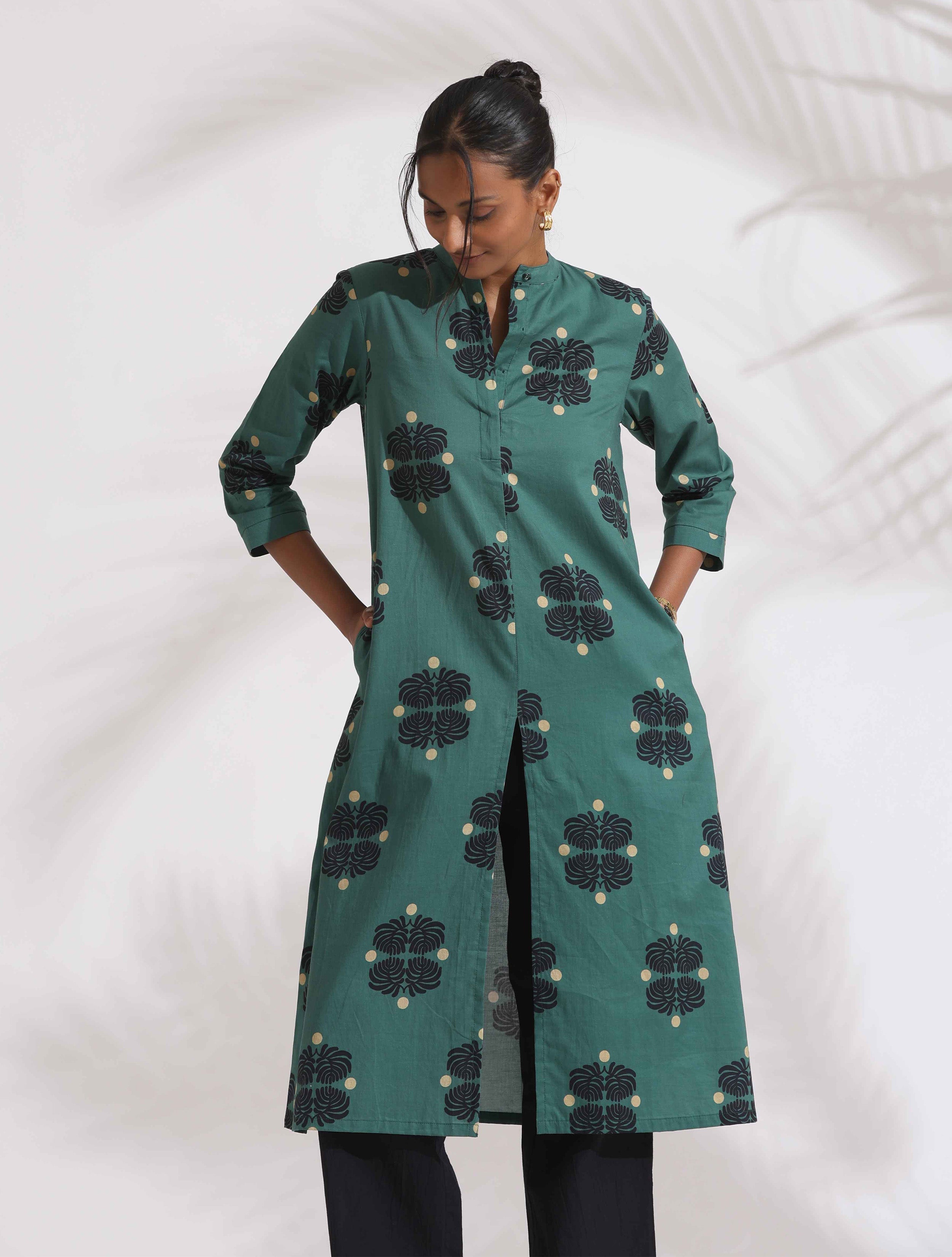 trueBrowns Green Cotton Print Front Slit Kurta Set - Distacart