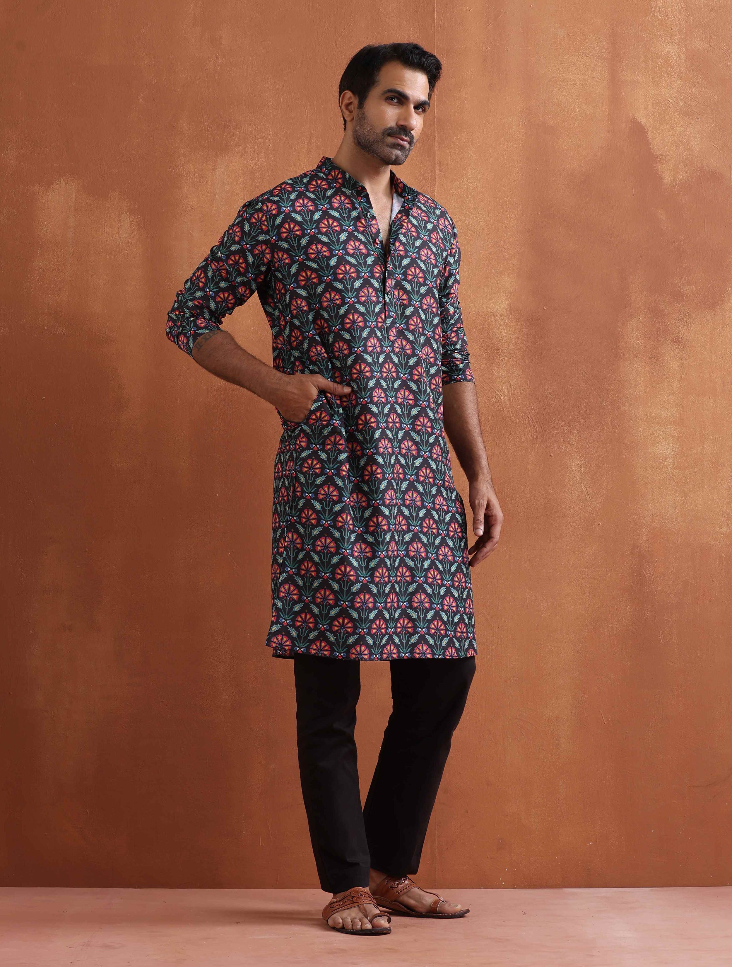 trueBrowns Men's Black Floral Printed Kurta - Distacart
