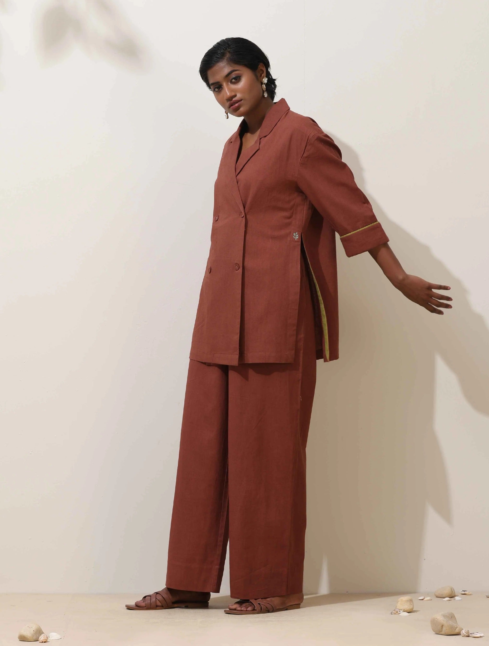 trueBrowns Brown Cotton Linen Co-Ord Set - Distacart