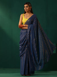 Thumbnail for trueBrowns Royal Blue Cotton Gold Lurex Striped Ready to Wear Saree - Distacart
