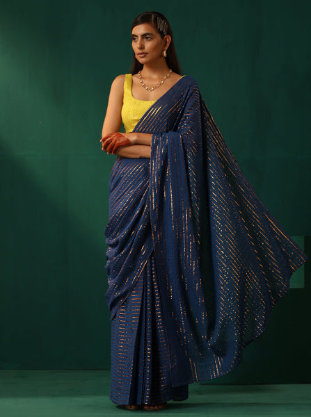 trueBrowns Royal Blue Cotton Gold Lurex Striped Ready to Wear Saree - Distacart