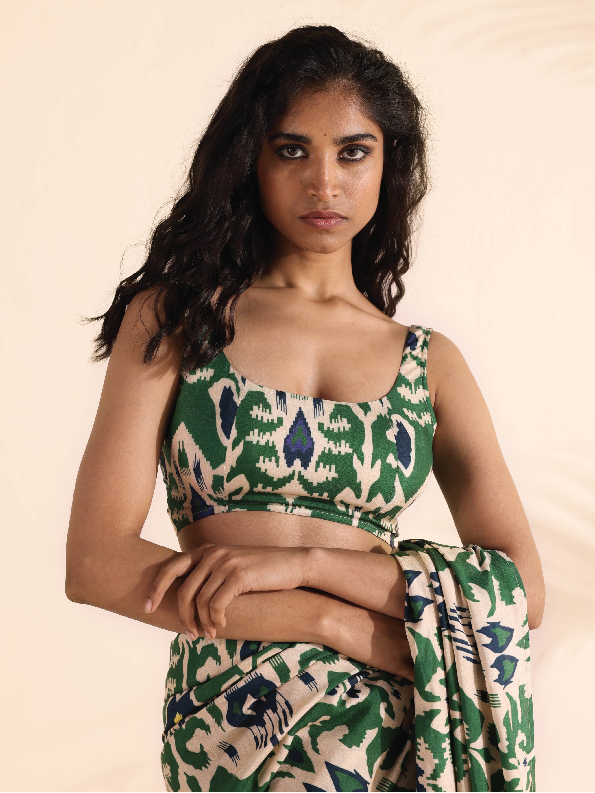 trueBrowns Green Muslin Ikat Sleeveless Blouse - Distacart