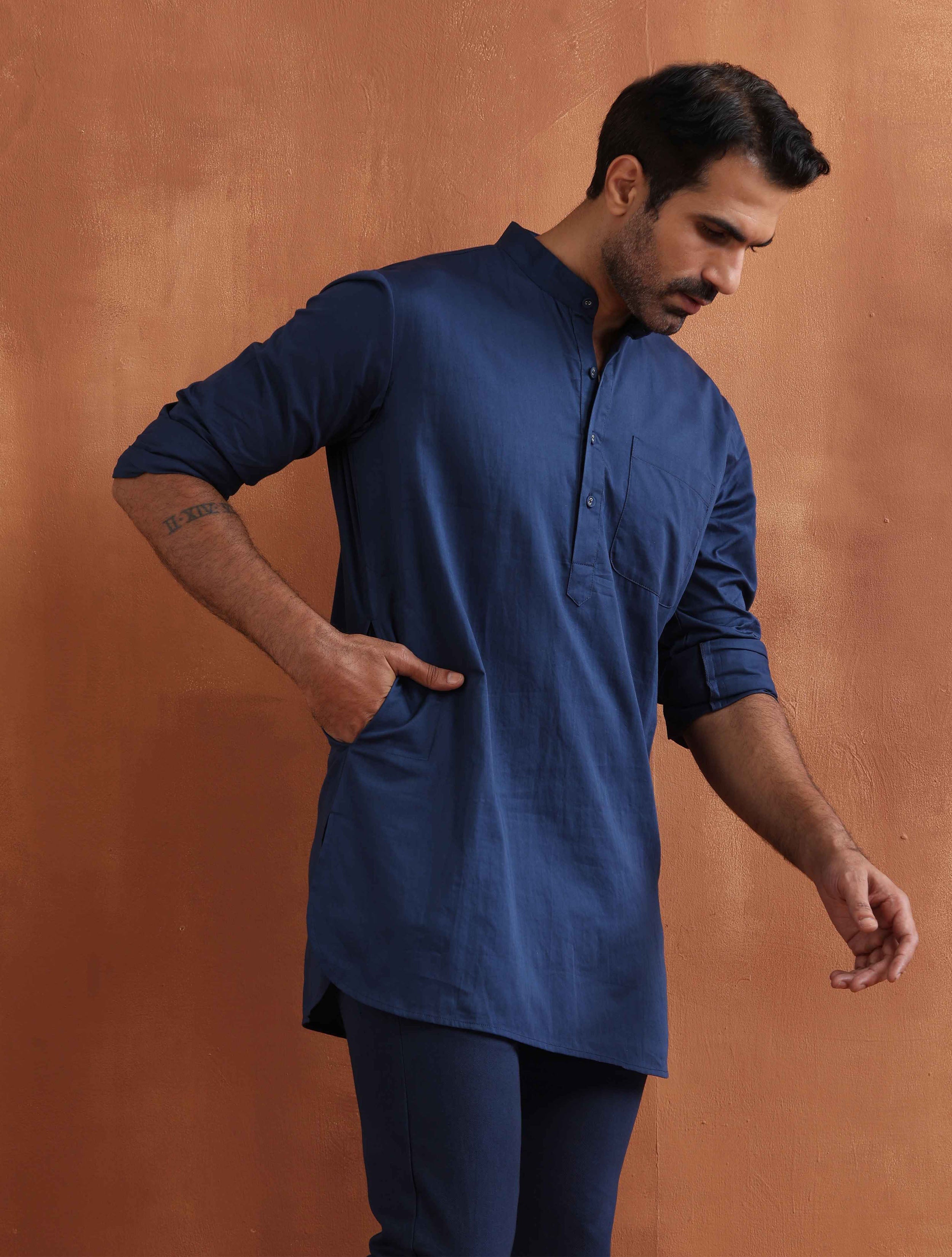 trueBrowns Men's Blue Cotton Short Kurta - Distacart