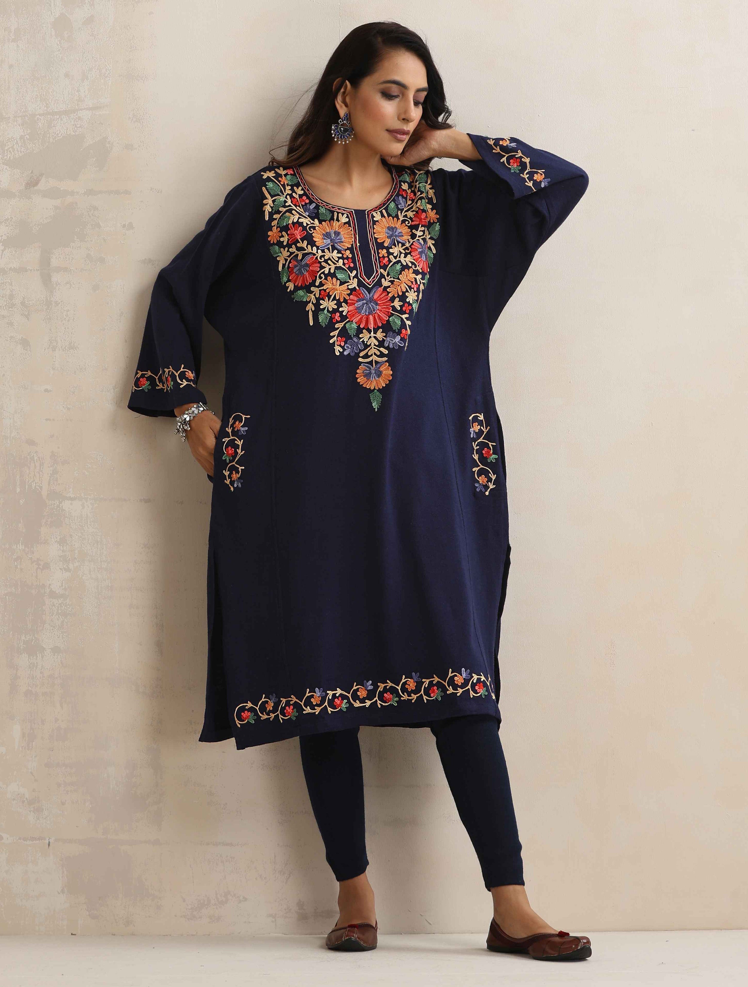 trueBrowns Blue Kashmiri Floral Embroidered Woollen Phiran Kurta - Distacart
