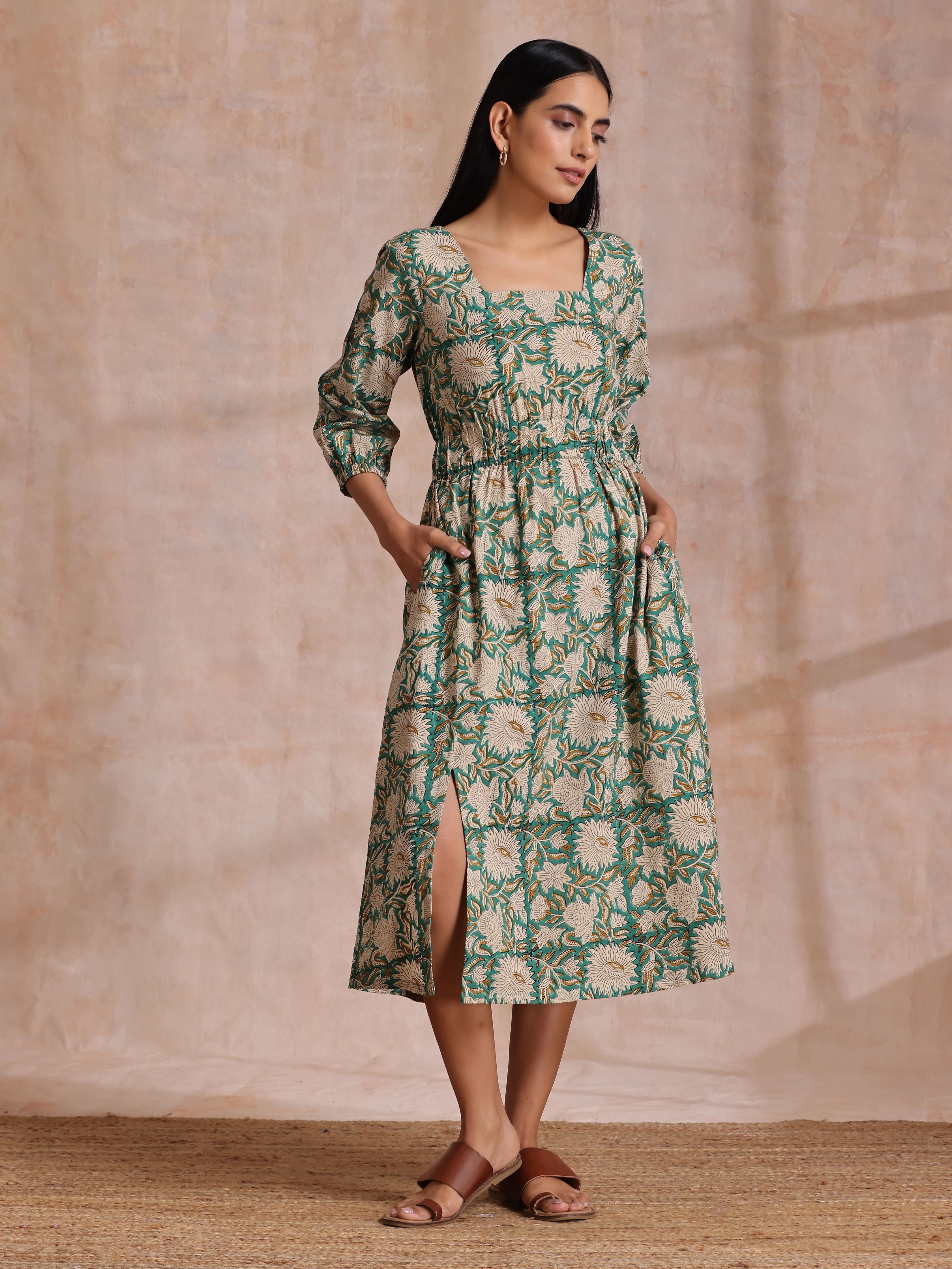 trueBrowns Fern Green Overall Floral Block Print Cotton Square Neck Dress - Distacart
