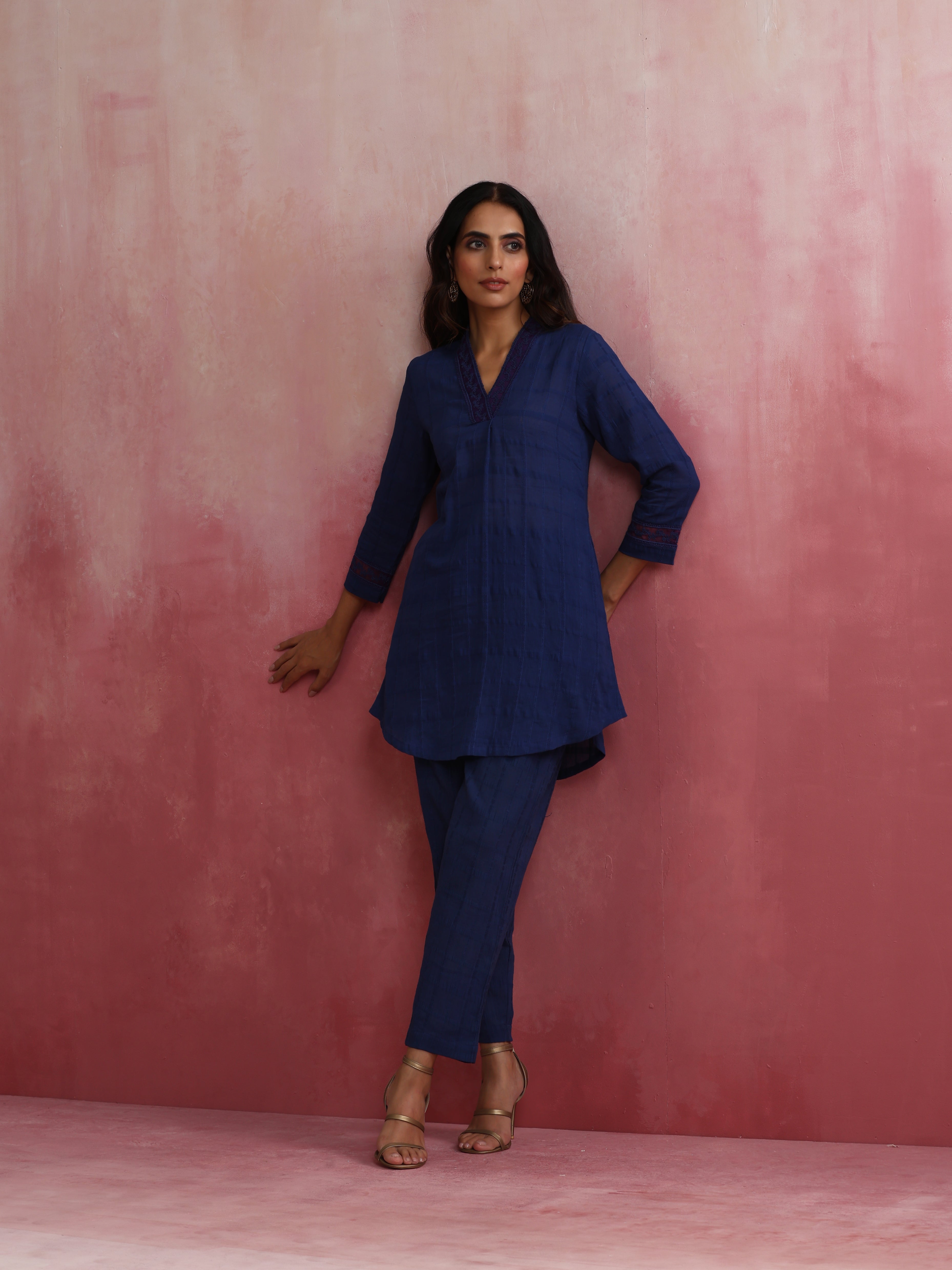 trueBrowns Dark Blue Cotton Dobby Kurta Co-ord set - Distacart