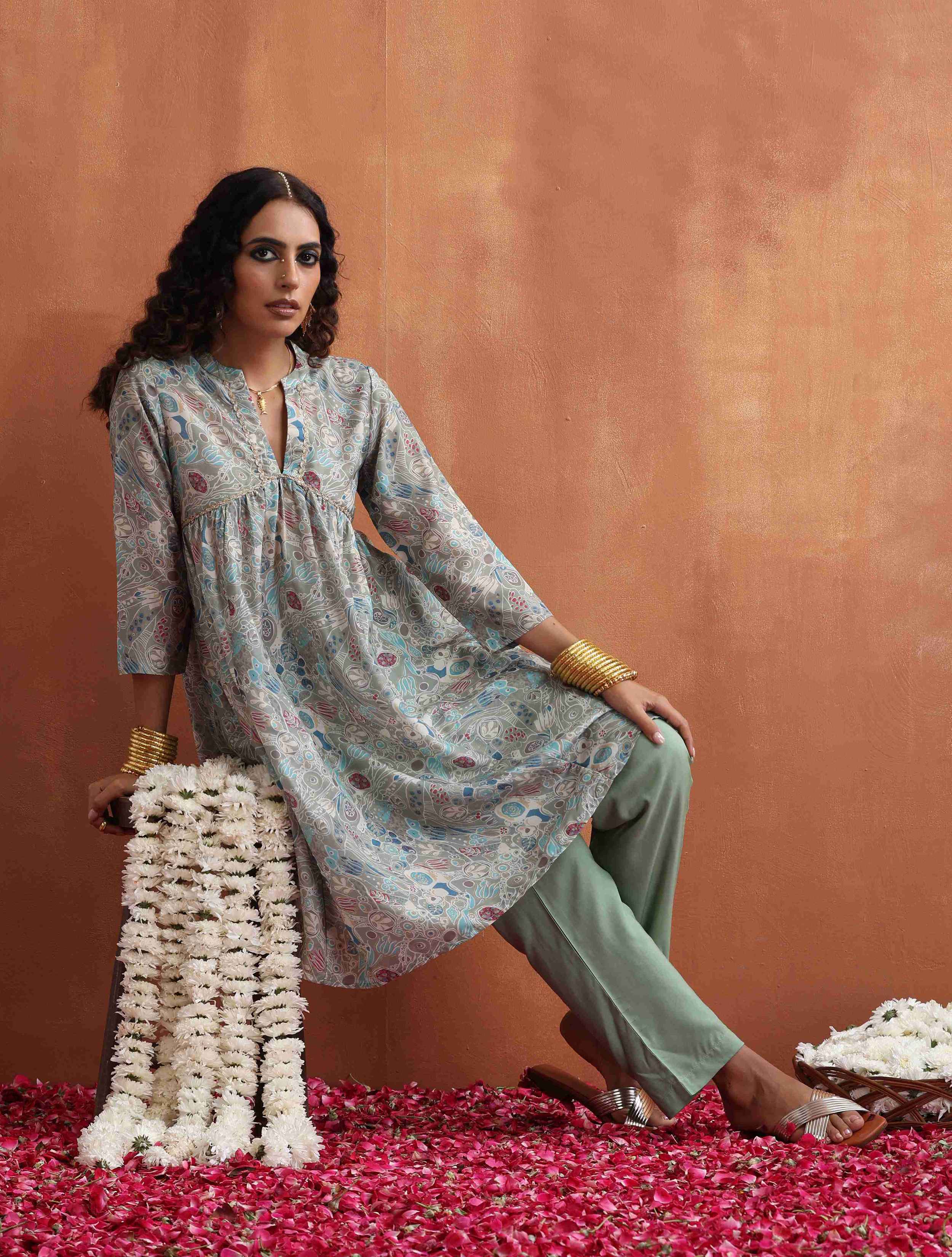 trueBrowns Green Print Flared Kurta Co-ord Set - Distacart