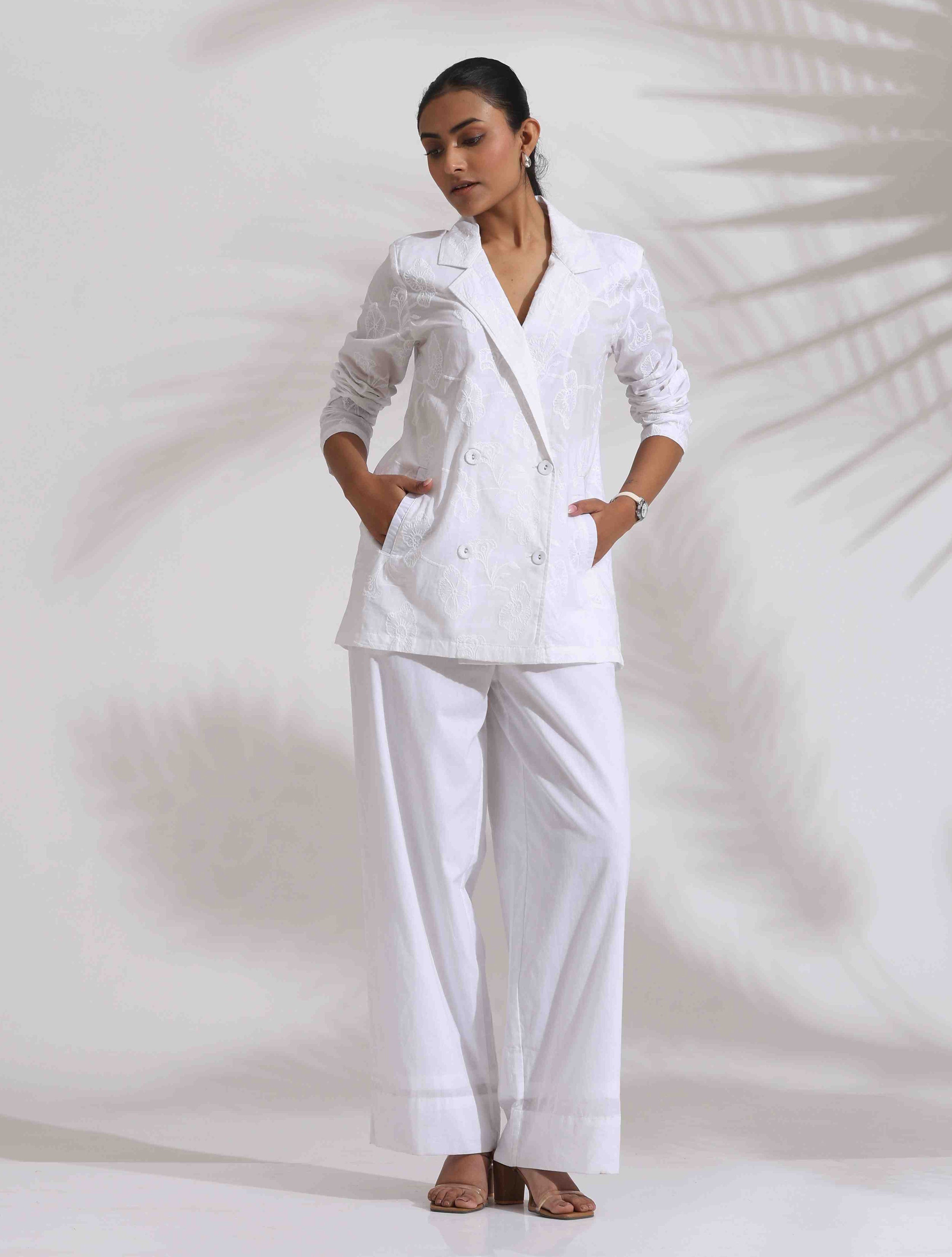 trueBrowns White Cotton Schiffli Jacket Co-ord Set - Distacart