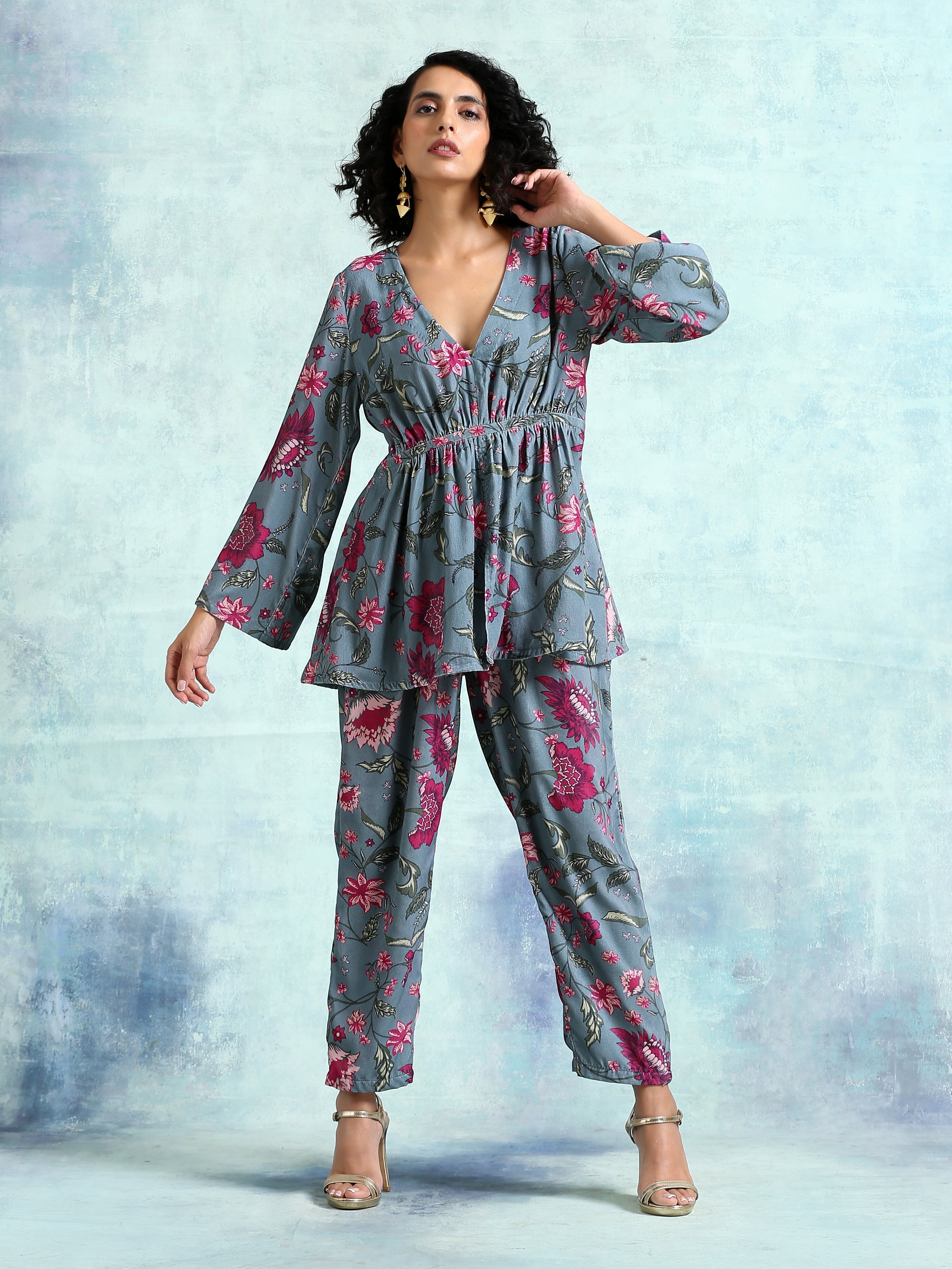 trueBrowns Grey Printed Velvet Co-Ord Set - Distacart