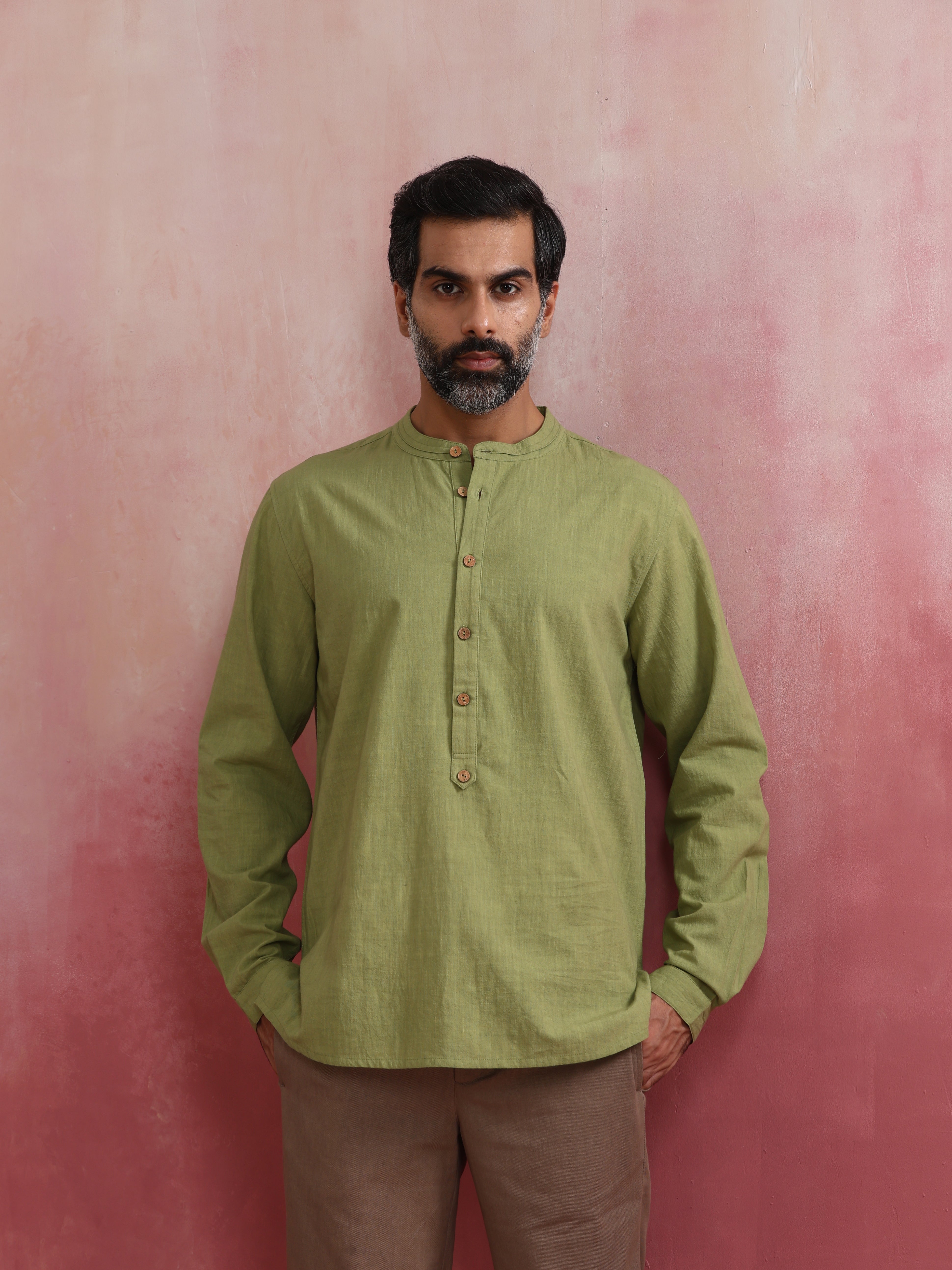 trueBrowns Men's Pista Green Cotton Mandarin Collar Stylized Kurta - Distacart