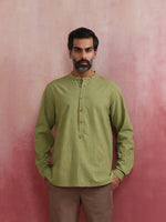 Thumbnail for trueBrowns Men's Pista Green Cotton Mandarin Collar Stylized Kurta - Distacart