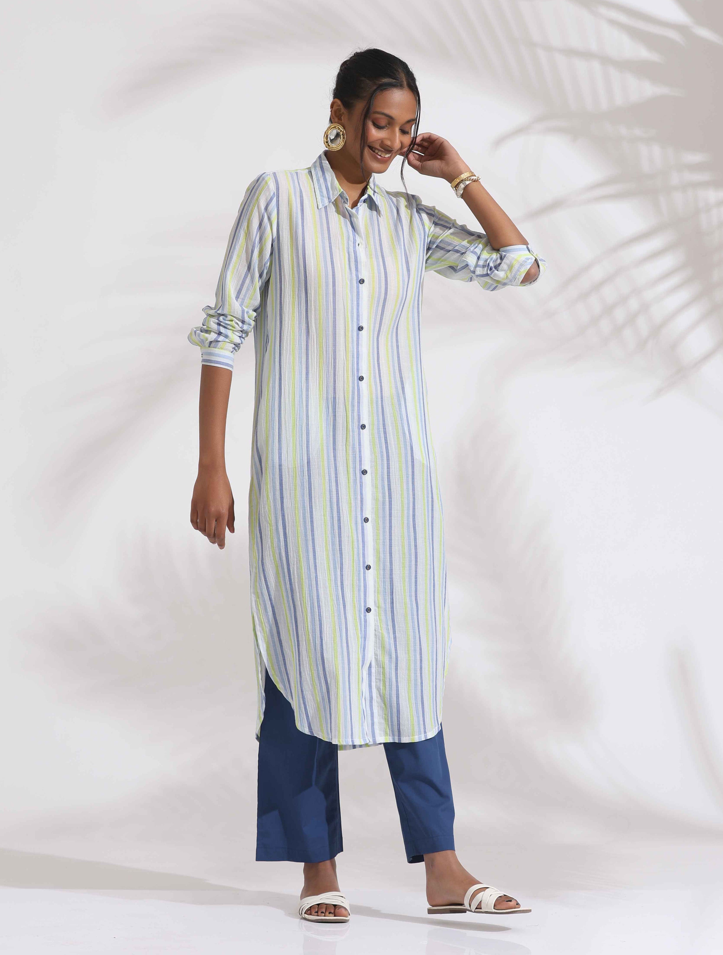 trueBrowns White Cotton Multi Stripe Shirt Kurta Set - Distacart