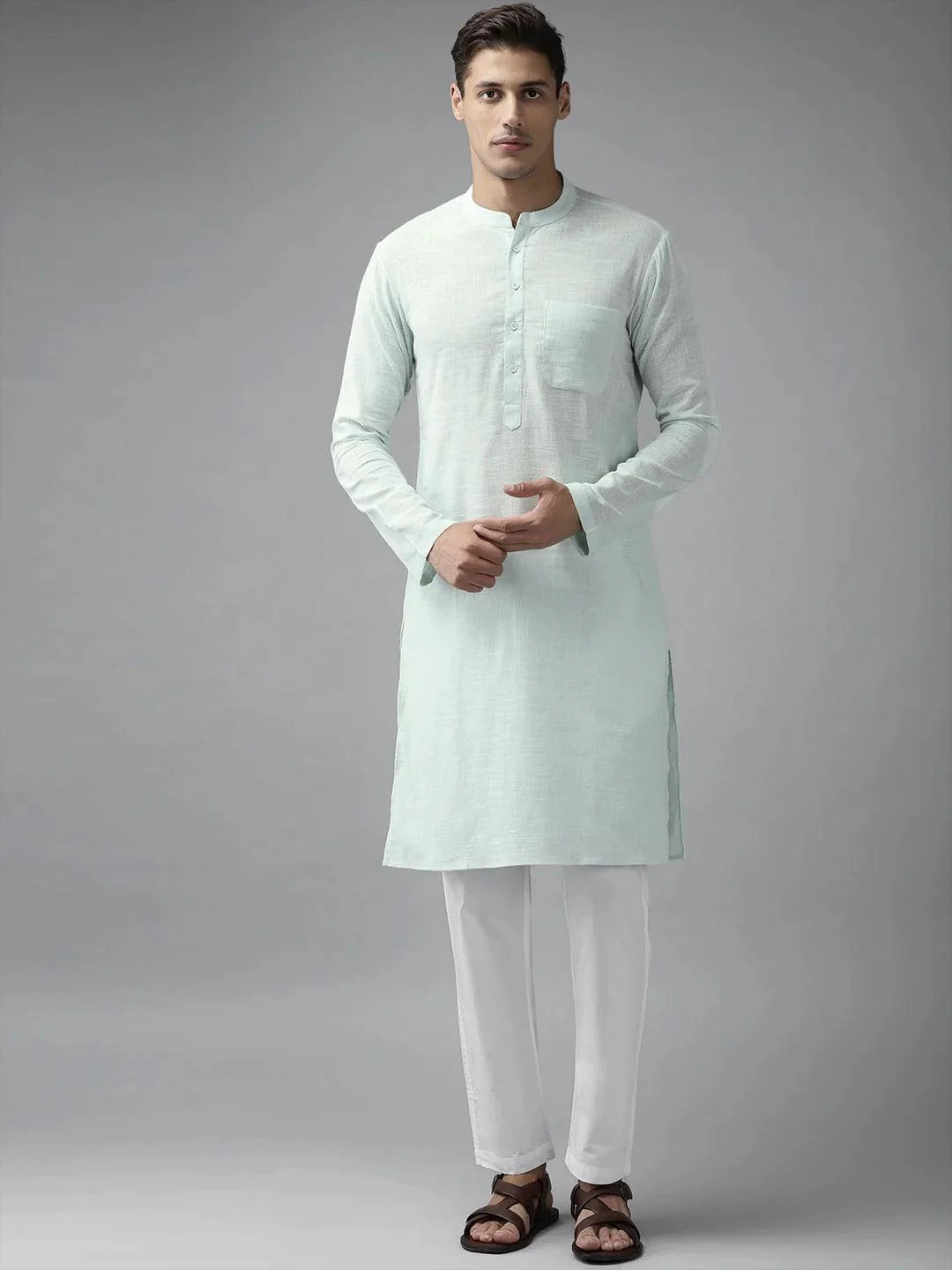 Fabmade Men Sky Blue Cotton Linen Straight Kurta - Distacart