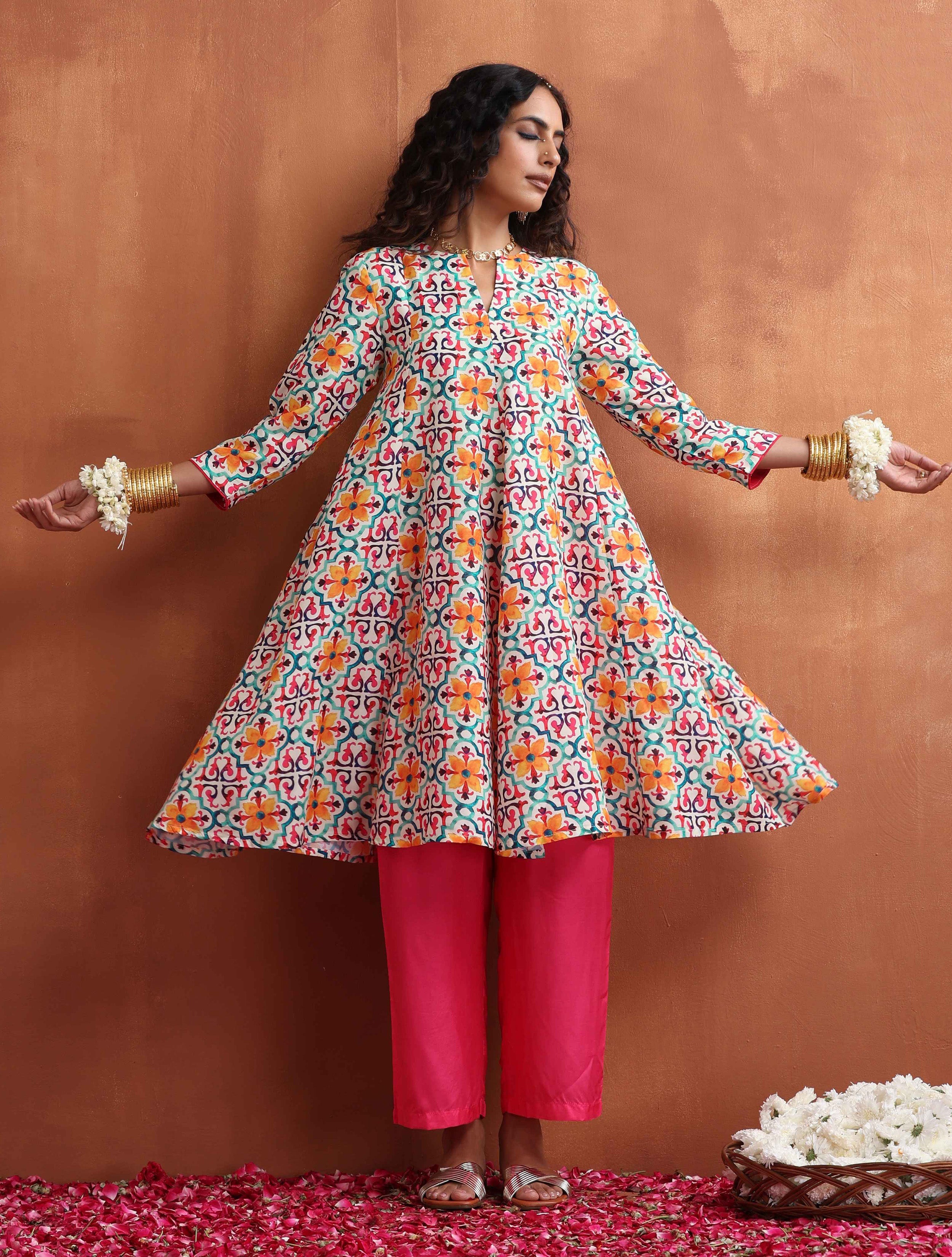 trueBrowns Off White Print Flared Anarkali Kurta Co-ord Set - Distacart