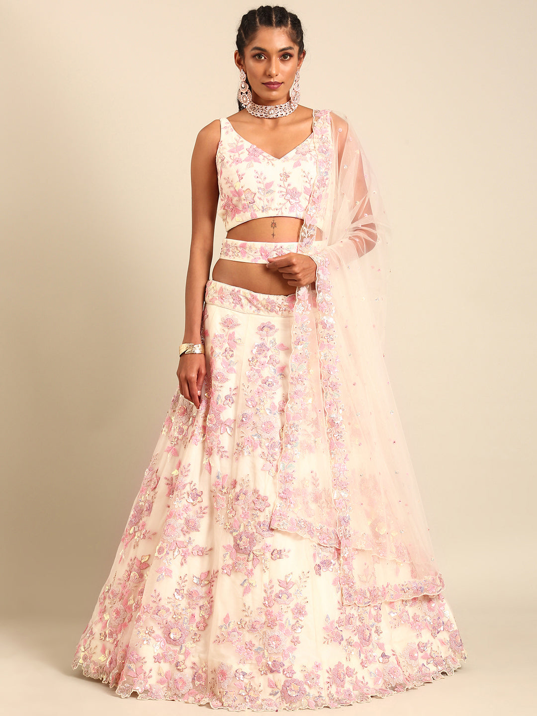 House of Panchhi Cream Net Sequins with heavy Zarkan embroidery Lehenga choli & Dupatta - Distacart