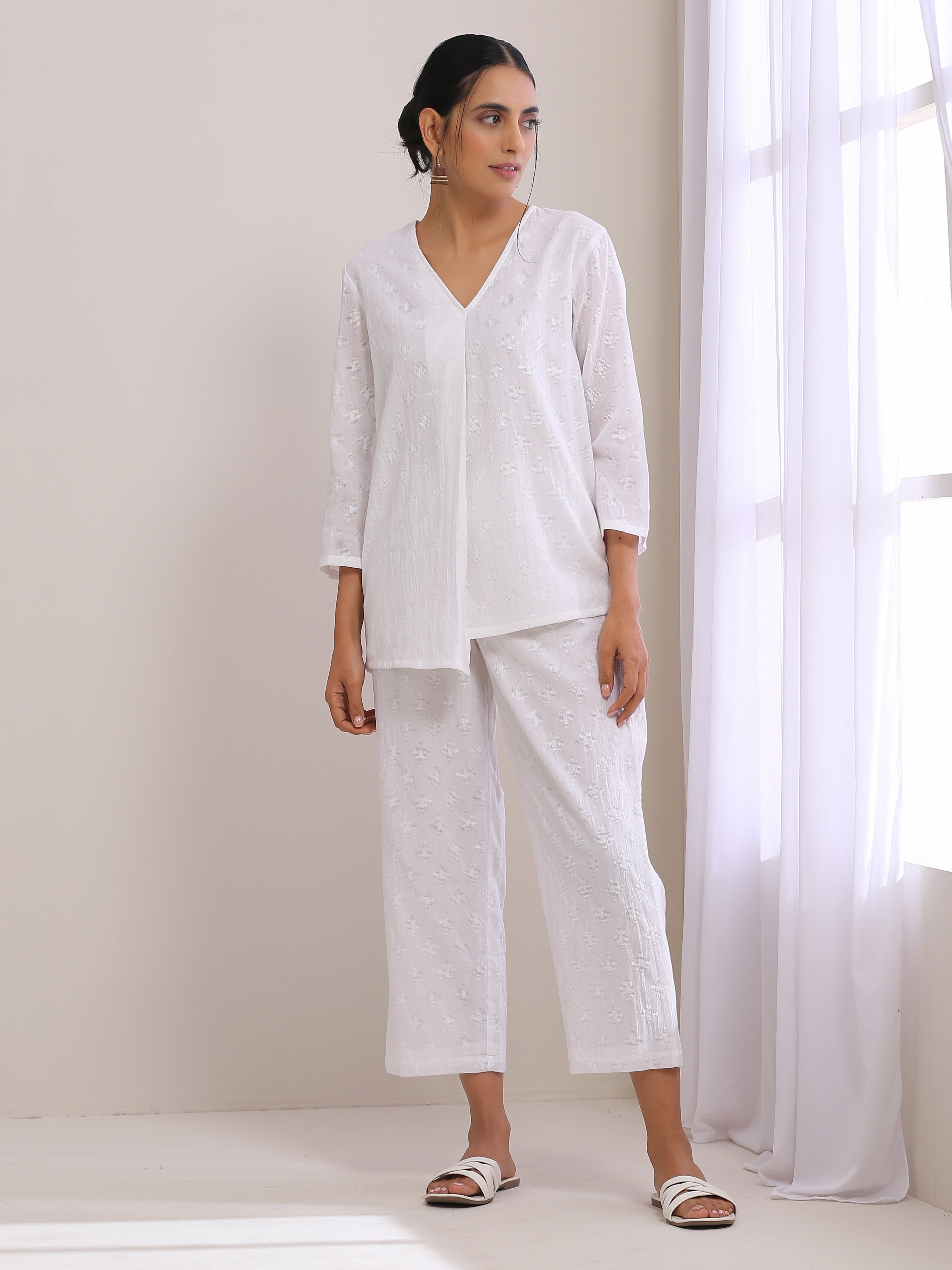 trueBrowns White Dobby Short Asymmetric Co-Ord Set - Distacart