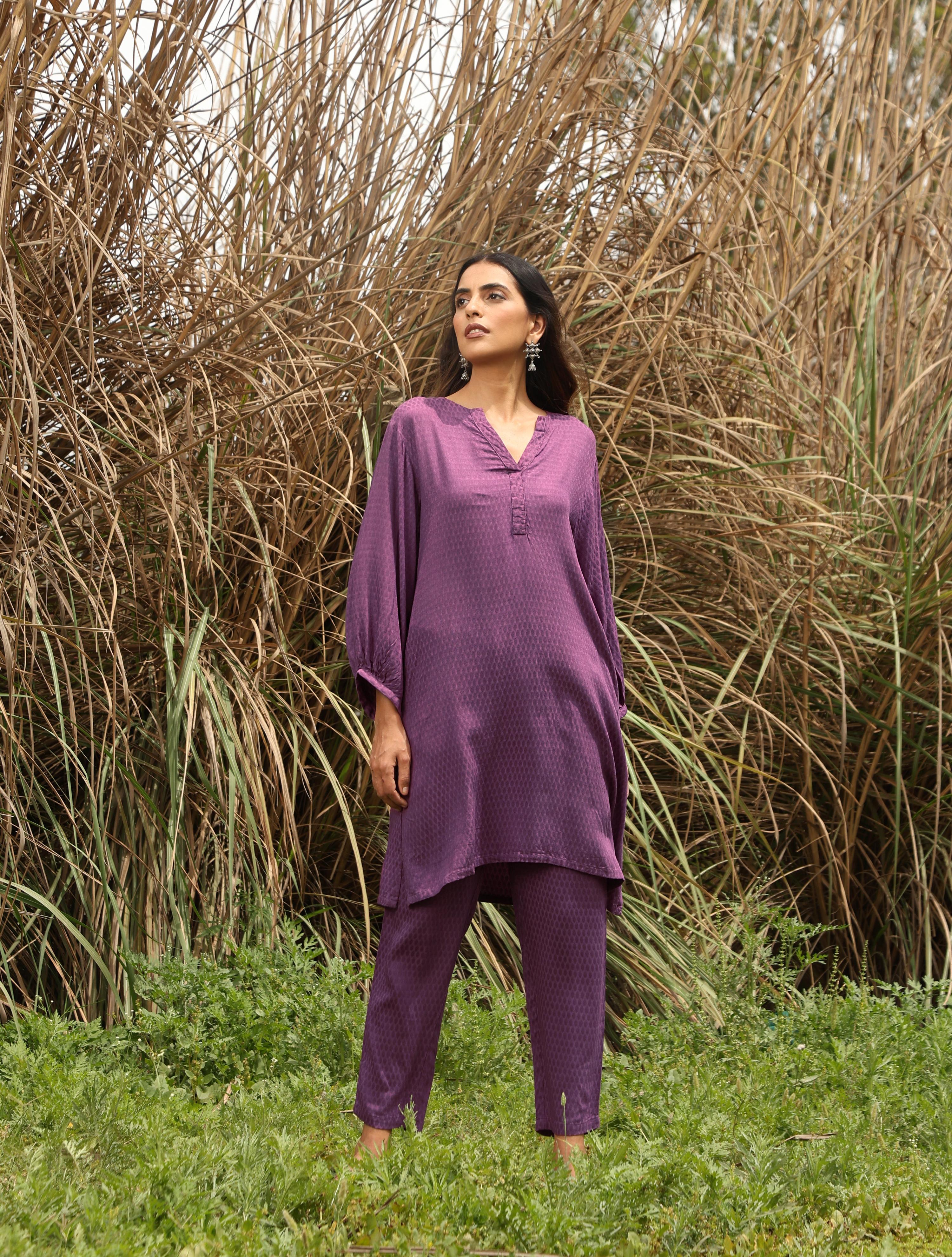 trueBrowns Purple Viscose Dobby Relaxed Co-ord Set - Distacart