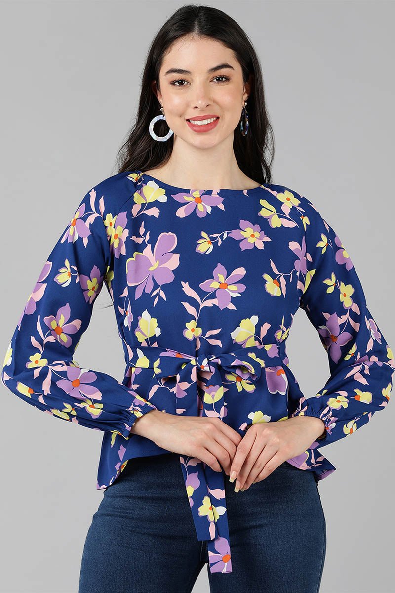 Ahika Navy Blue Georgette Floral Print Top