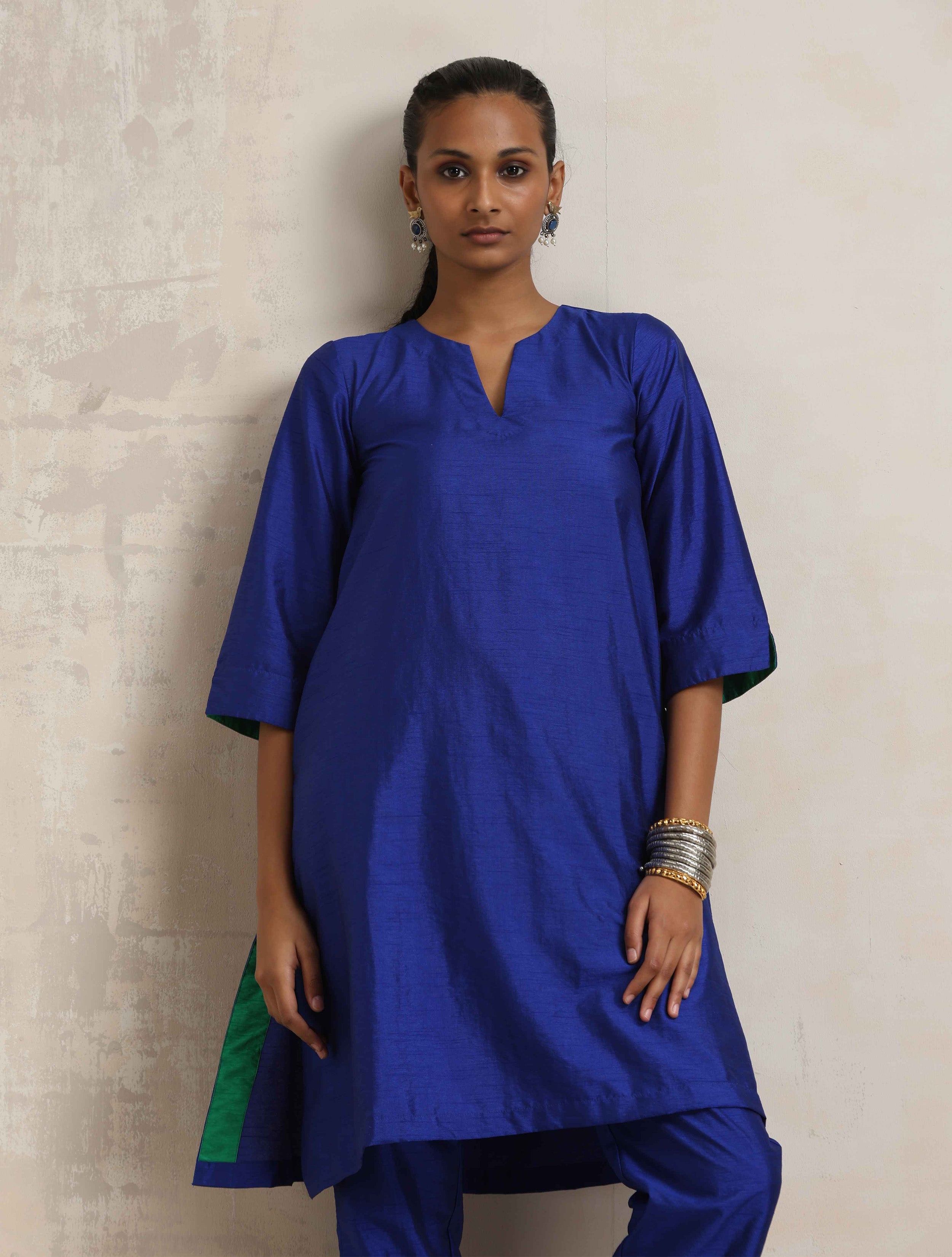 trueBrowns Blue Silk Kurta Co-ord Set - Distacart