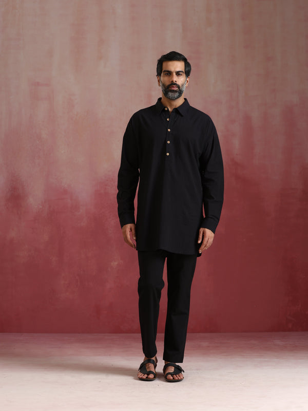 trueBrowns Men's Black Cotton Shirt Collar Stylized Kurta Co-ord set - Distacart