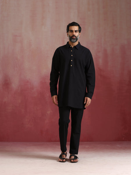 trueBrowns Men's Black Cotton Shirt Collar Stylized Kurta Co-ord set - Distacart