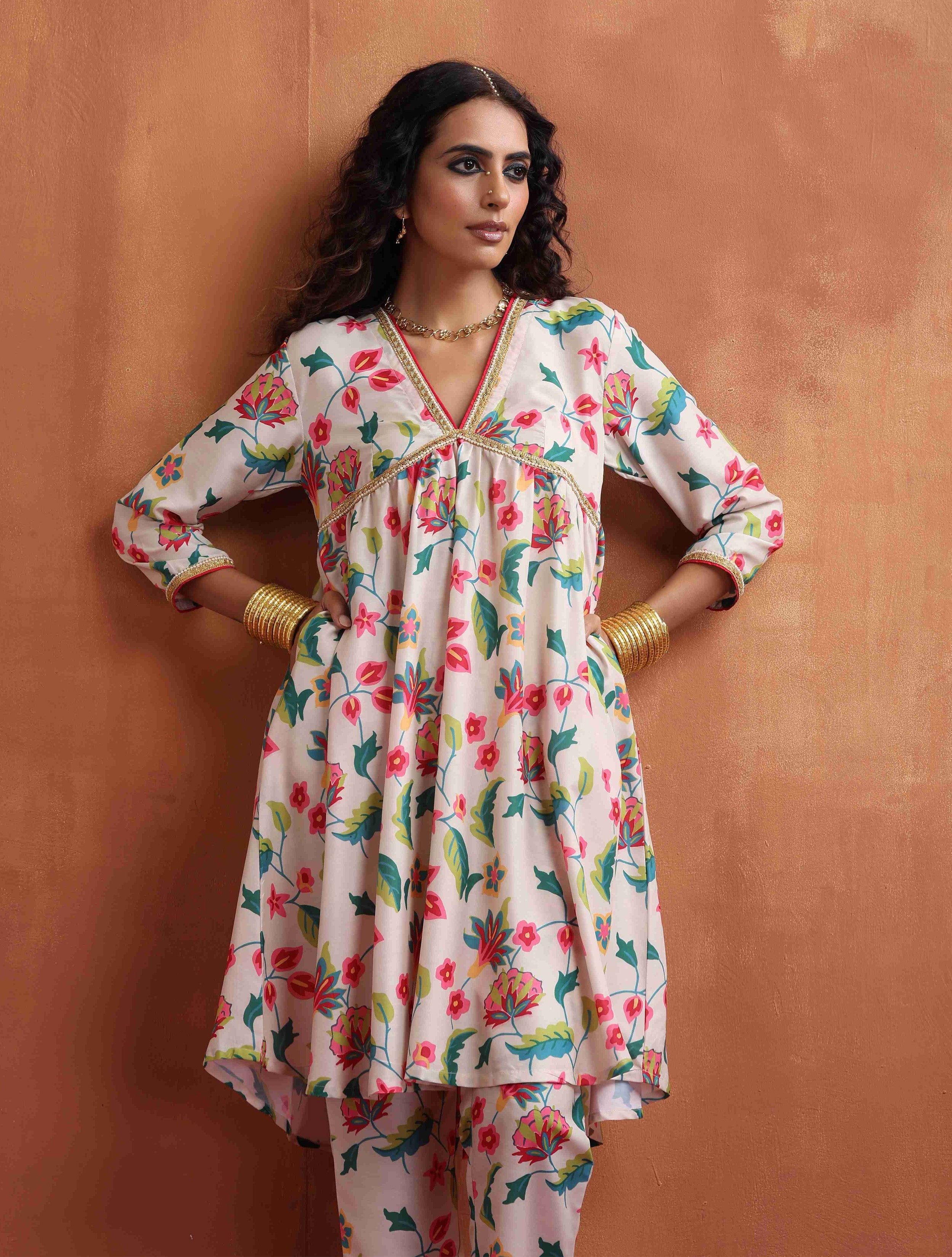 trueBrowns Off White Print Anarkali Kurta Co-ord Set - Distacart