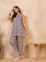 Thumbnail for InWeave Purple White Moroccan Print Round Neck Kurta Set