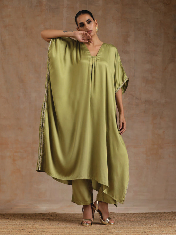 trueBrowns Light Green Modal Satin Kaftan Kurta Set | Relove