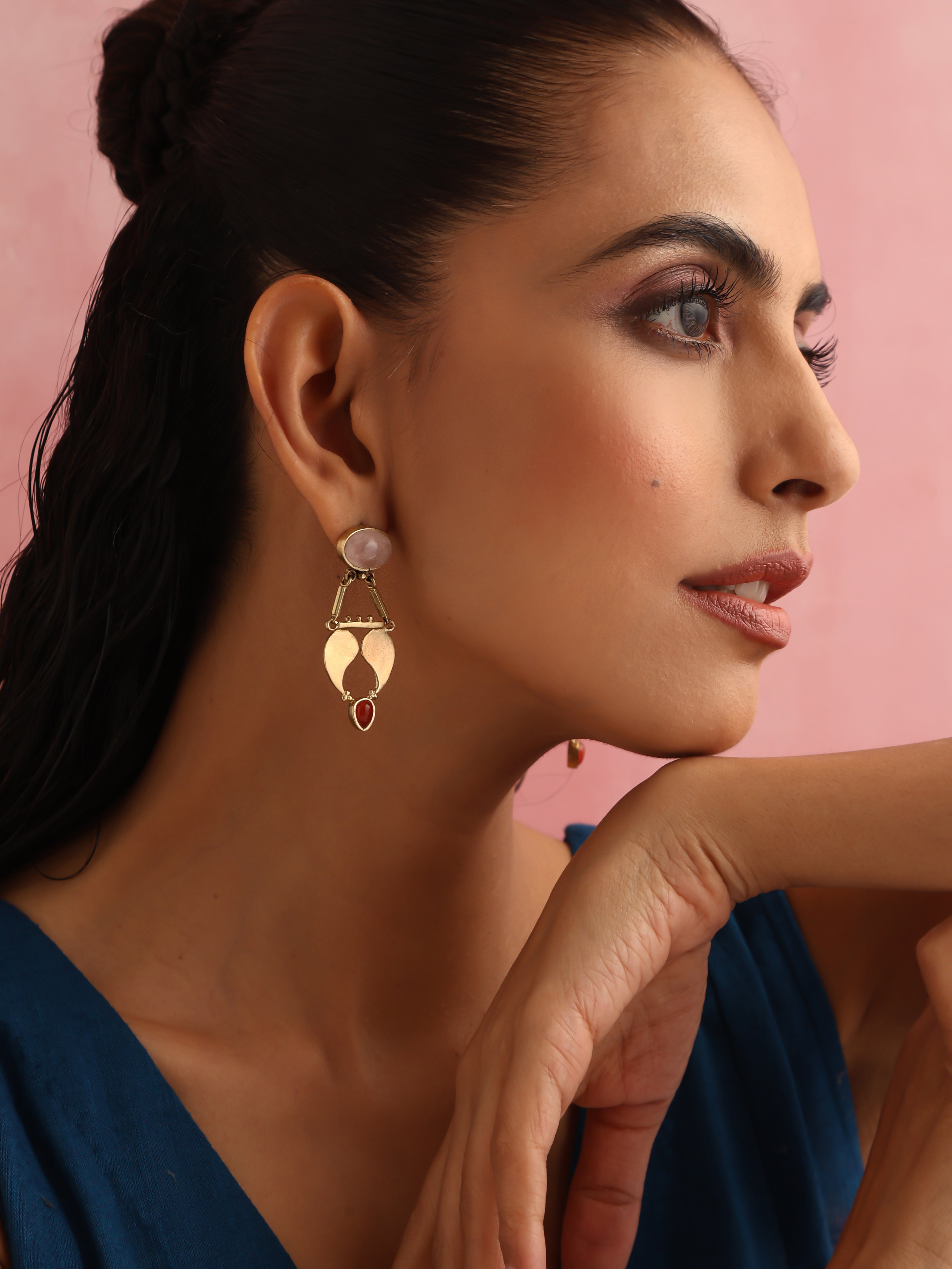 trueBrowns Brass Pink Stone Paisley Earrings - Distacart