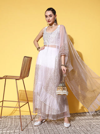 Ahalyaa White & Gold-Toned Printed Ready to Wear Lehenga & Blouse With Dupatta - Distacart