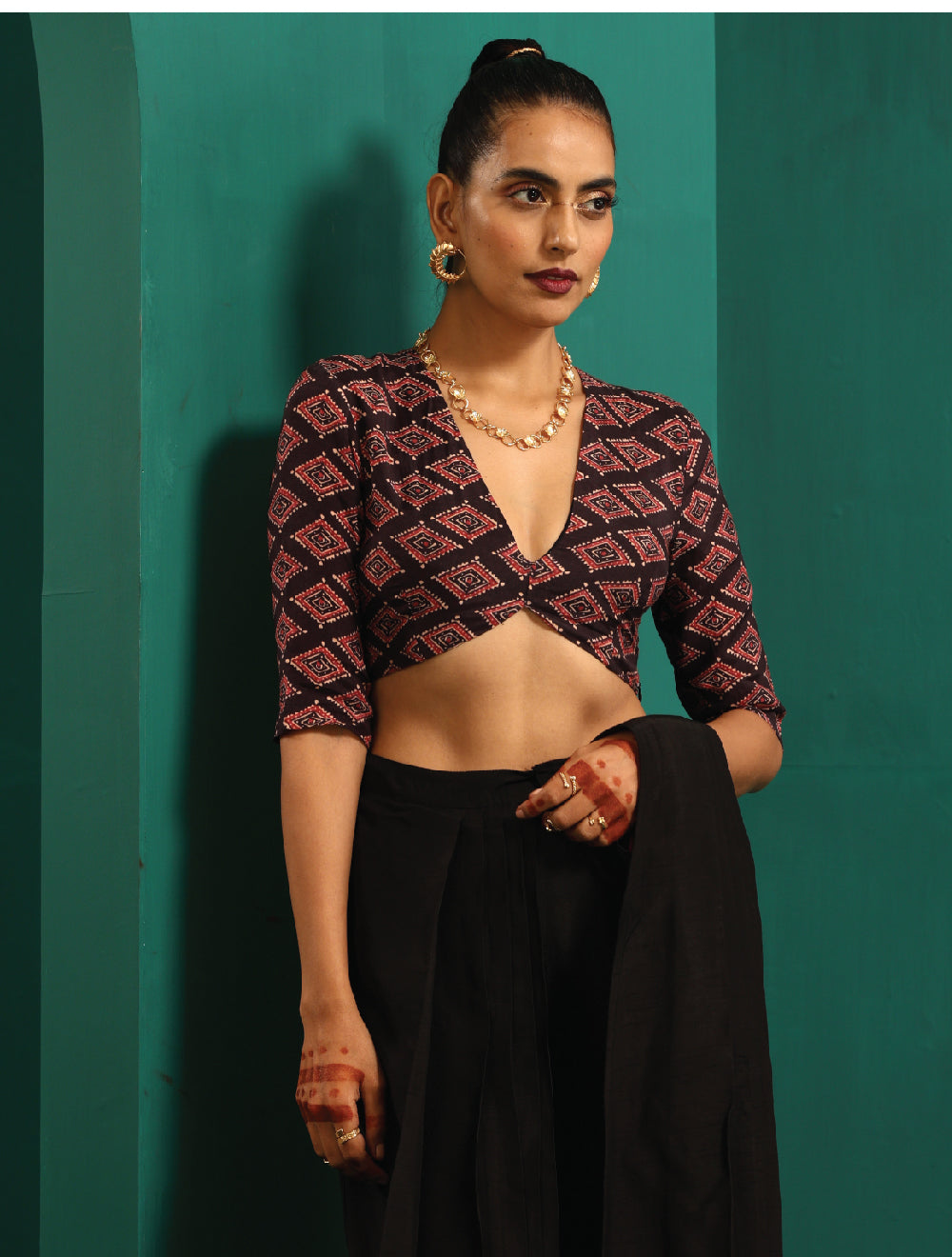 trueBrowns Black Muslin Silk Diamond Printed Deep V-Neck Blouse - Distacart