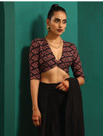 Thumbnail for trueBrowns Black Muslin Silk Diamond Printed Deep V-Neck Blouse - Distacart