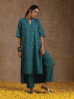 Thumbnail for trueBrowns Deep Sea Gold Cotton Relaxed High-Low Kurta Set - Distacart