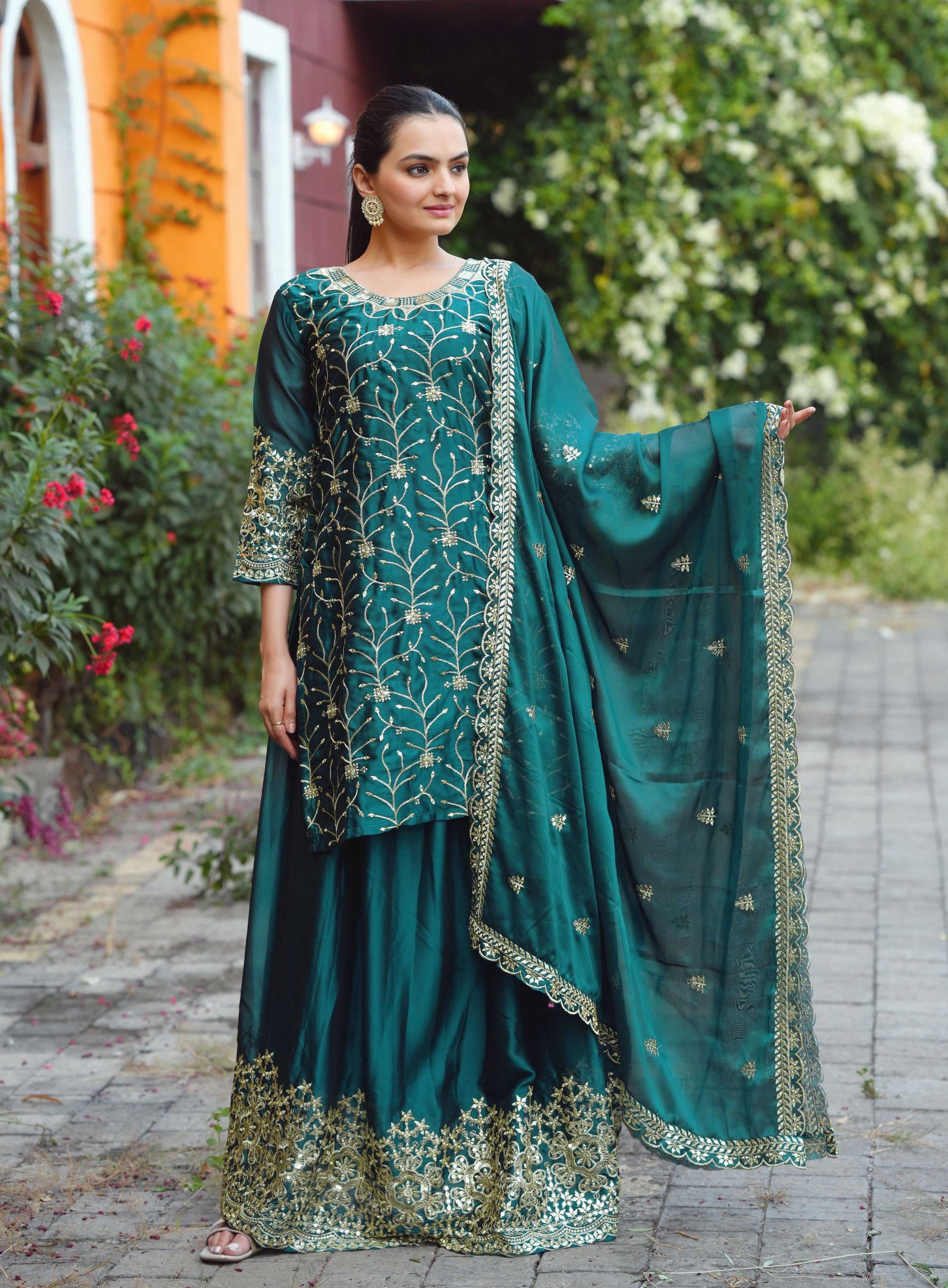 Yash Enterprise Festive Teal Green Sequence Embroidered Work Readymade Salwar Suit - Distacart