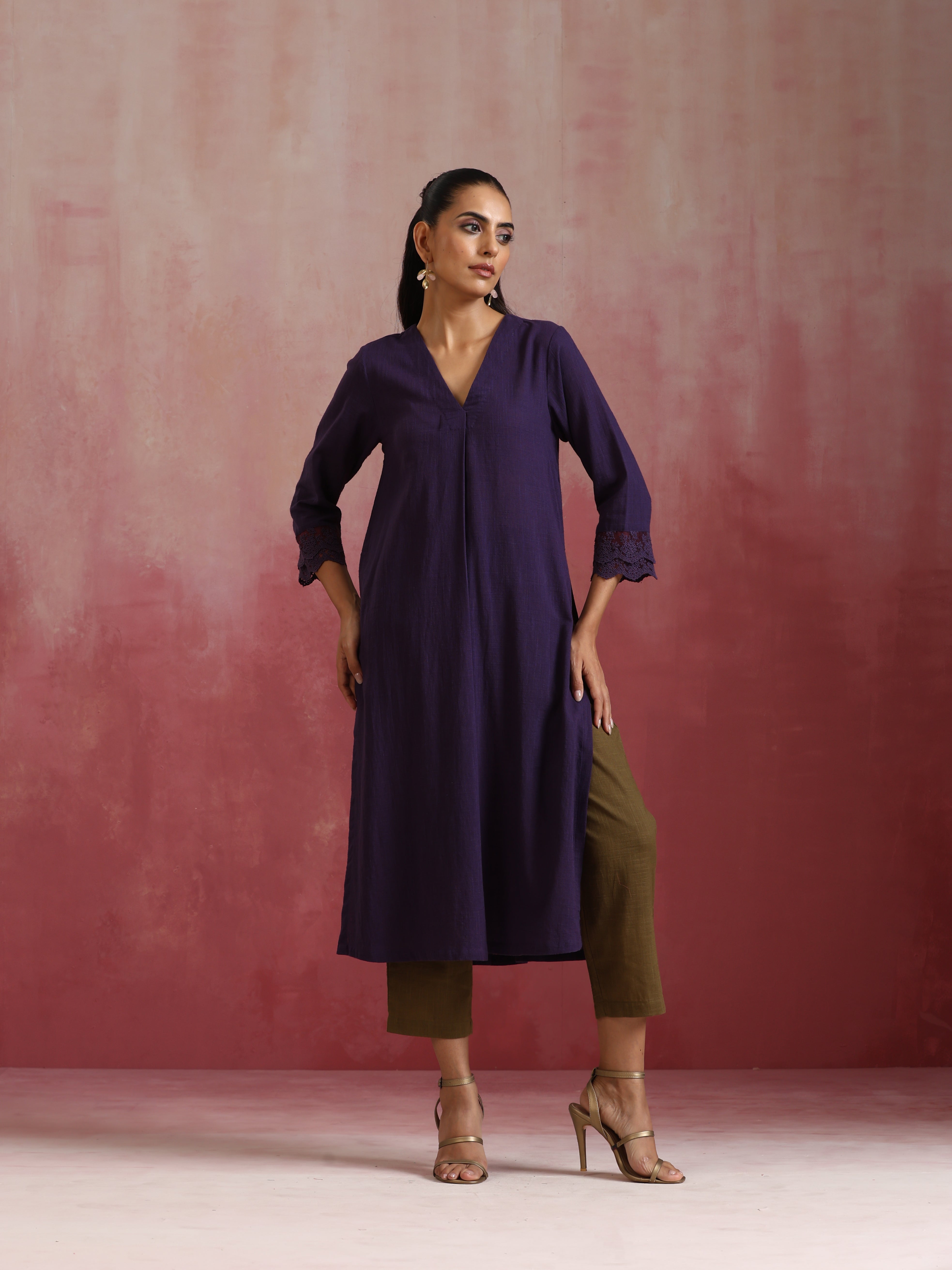 trueBrowns Purple Cotton Dobby Kurta Set - Distacart