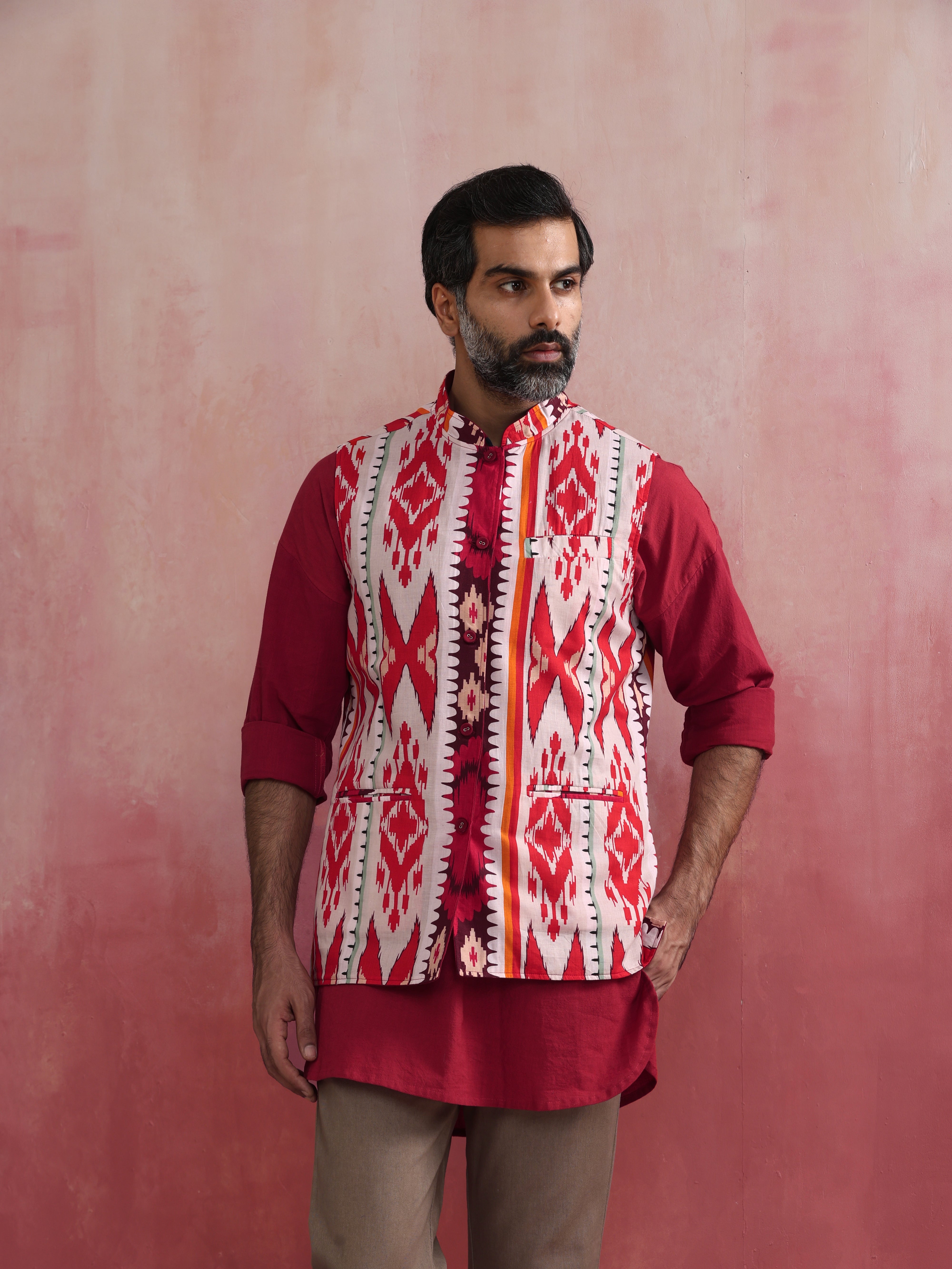 trueBrowns Men's Maroon Ikat Print Cotton Reversible Nehru Jacket - Distacart