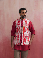 Thumbnail for trueBrowns Men's Maroon Ikat Print Cotton Reversible Nehru Jacket