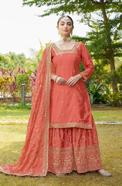 Teeya Creation Orange Color Chinon Silk Heavy Embroidery Work Fully Stitched Salwar Suit - Distacart