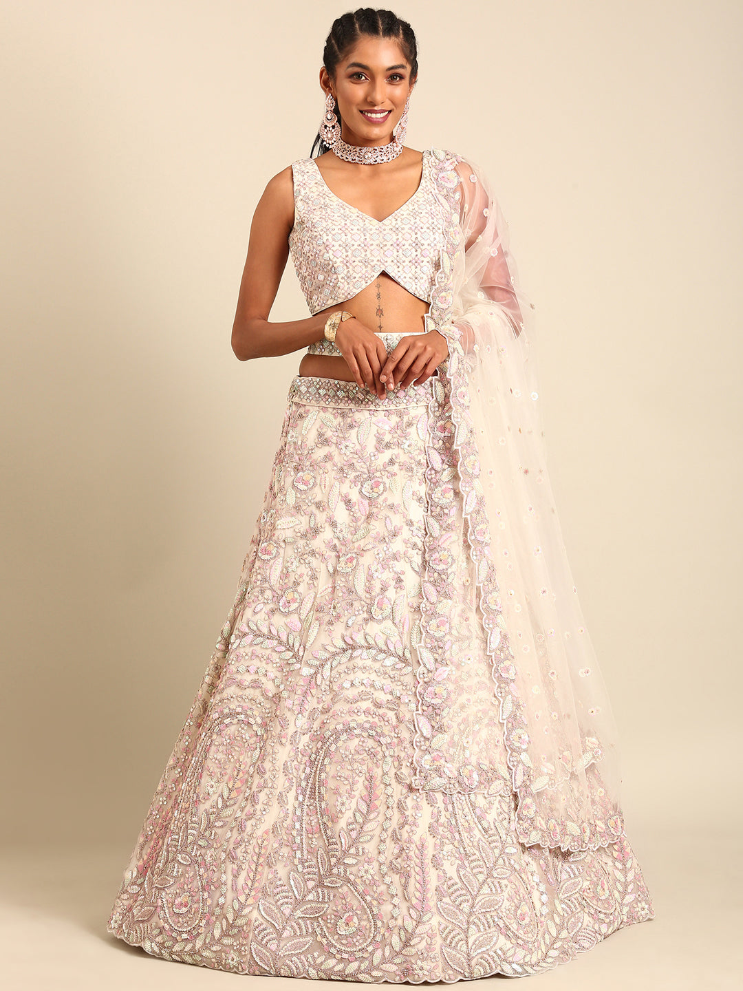 House of Panchhi Cream Net Multi Sequins with heavy Zarkan embroidery Lehenga choli & Dupatta - Distacart