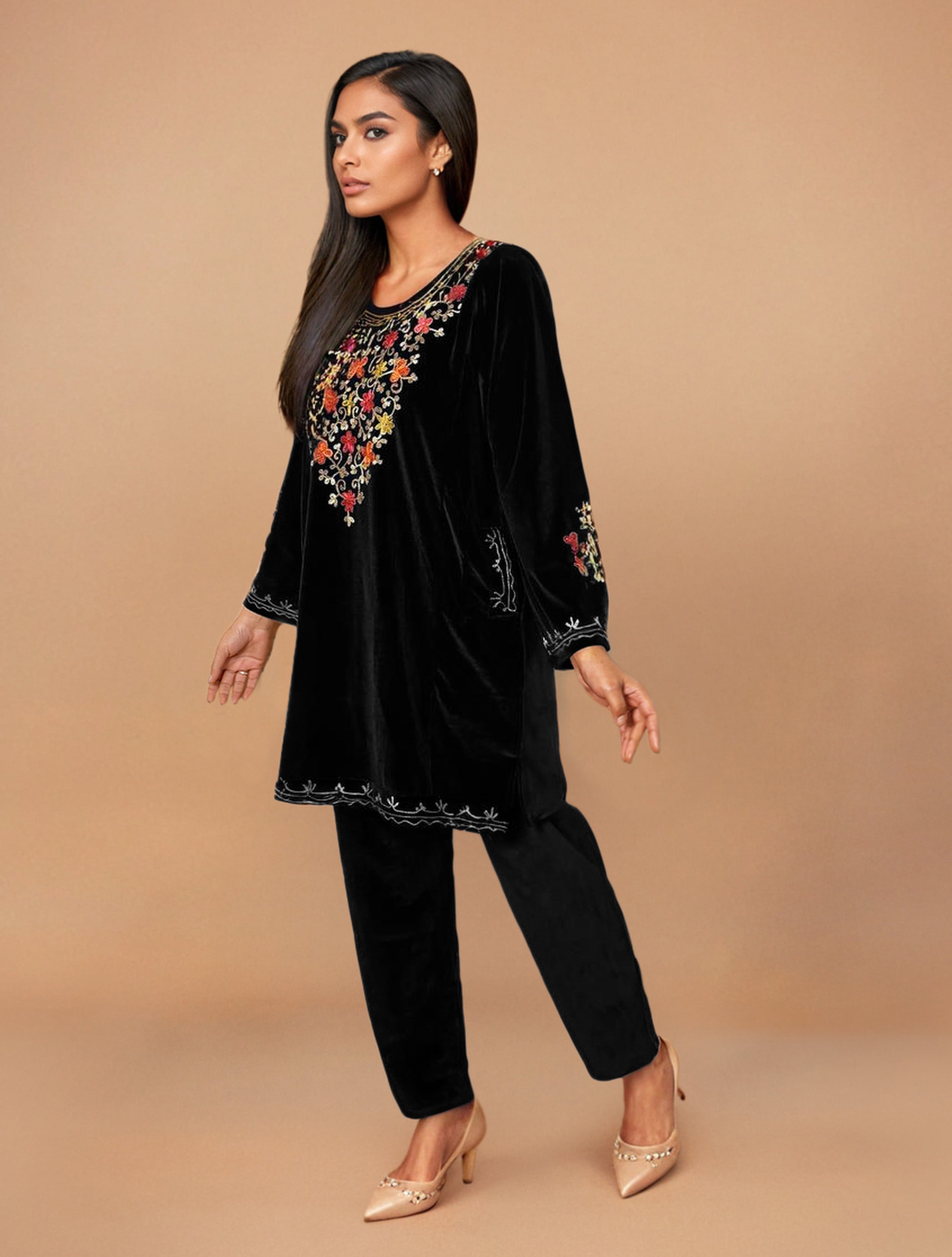 trueBrowns Black Velvet Embroidered Co-ord Set - Distacart