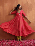 Thumbnail for trueBrowns Hot Pink Tissue Flared Anarkali Kurta Set