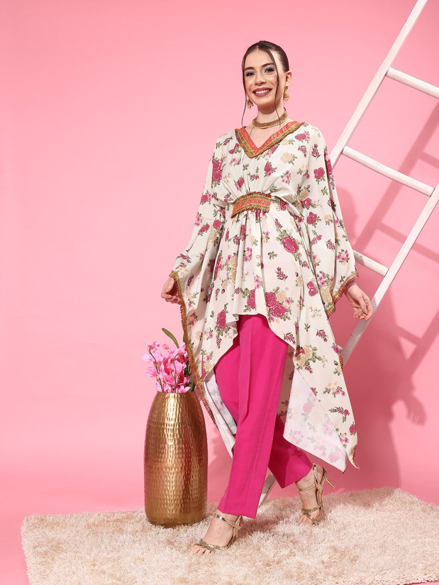 Ahalyaa Women Floral Printed Flared Sleeves Thread Work Crepe Kaftan Kurta - Distacart