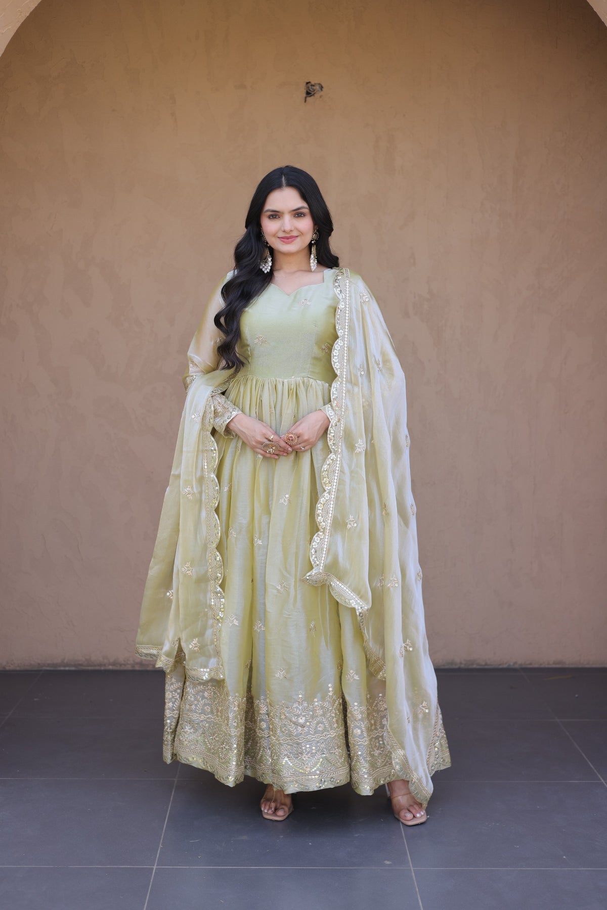 Anaita Green Silk Readymade Anarkali Suit with Embroidery & Zari Sequence Work