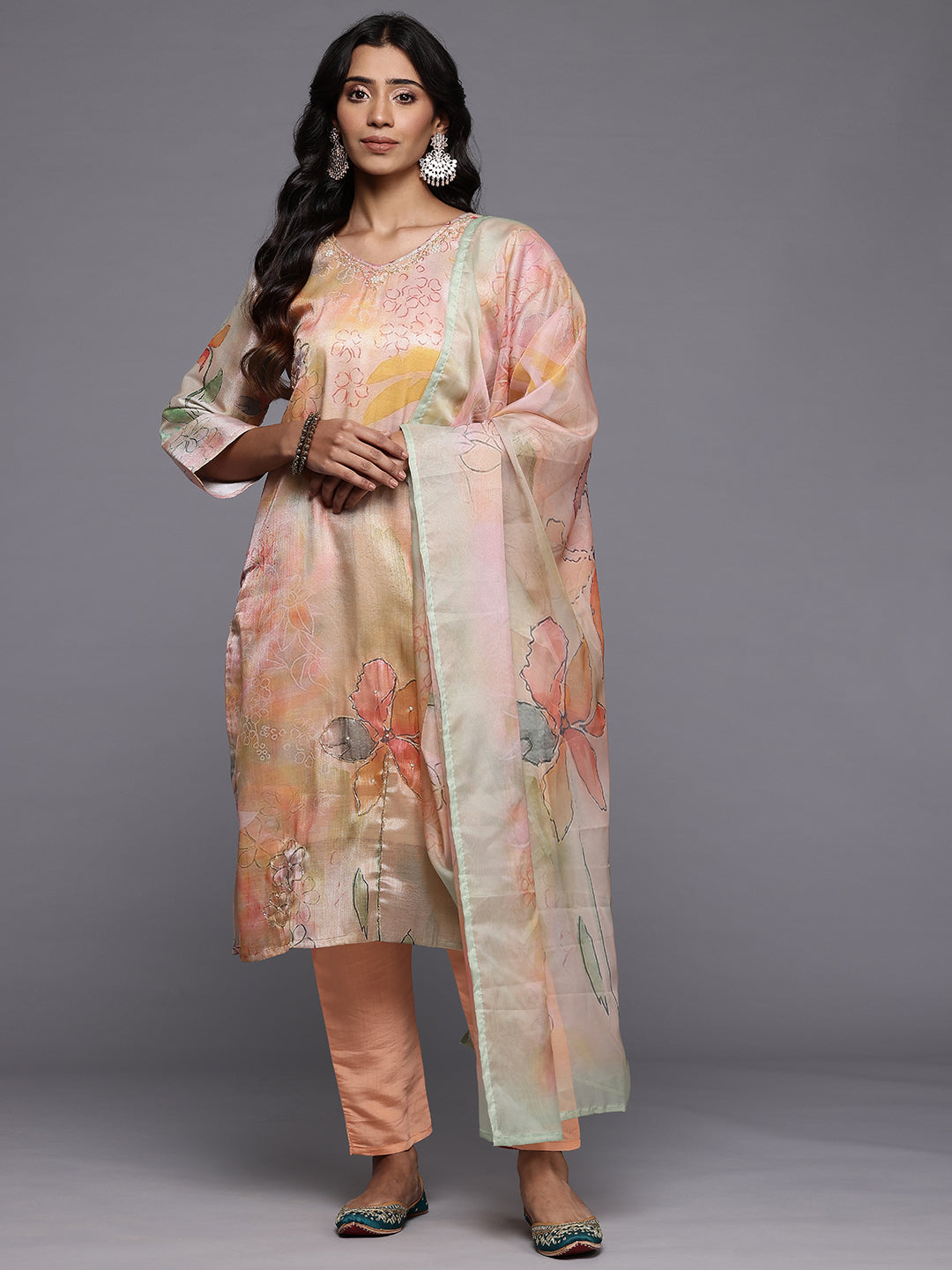 Varanga Women Peach Silk Floral Printed Beads And Stones Embellished Kurta Set With Dupatta - Distacart