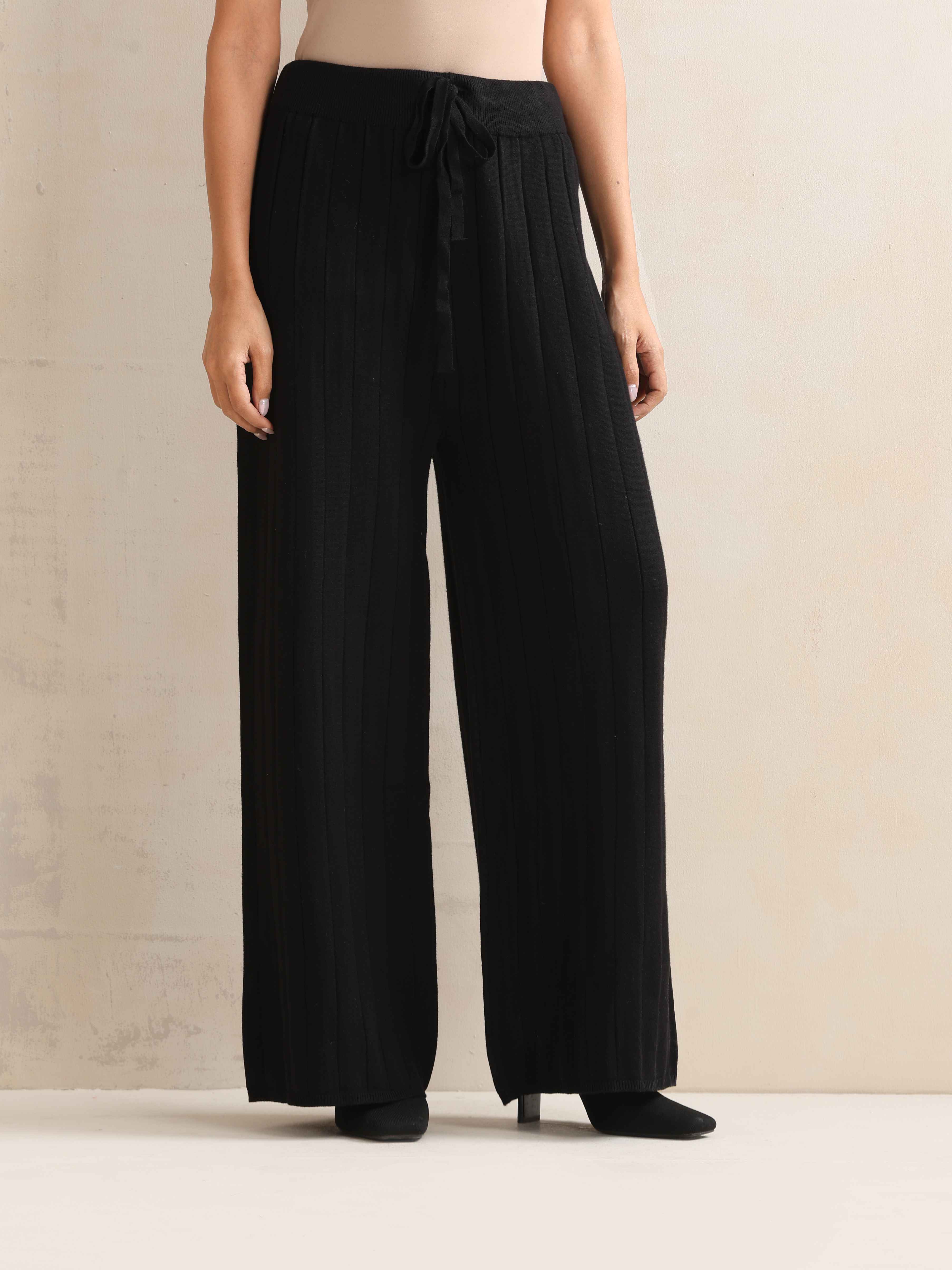 trueBrowns Black Woollen Flared Pants - Distacart