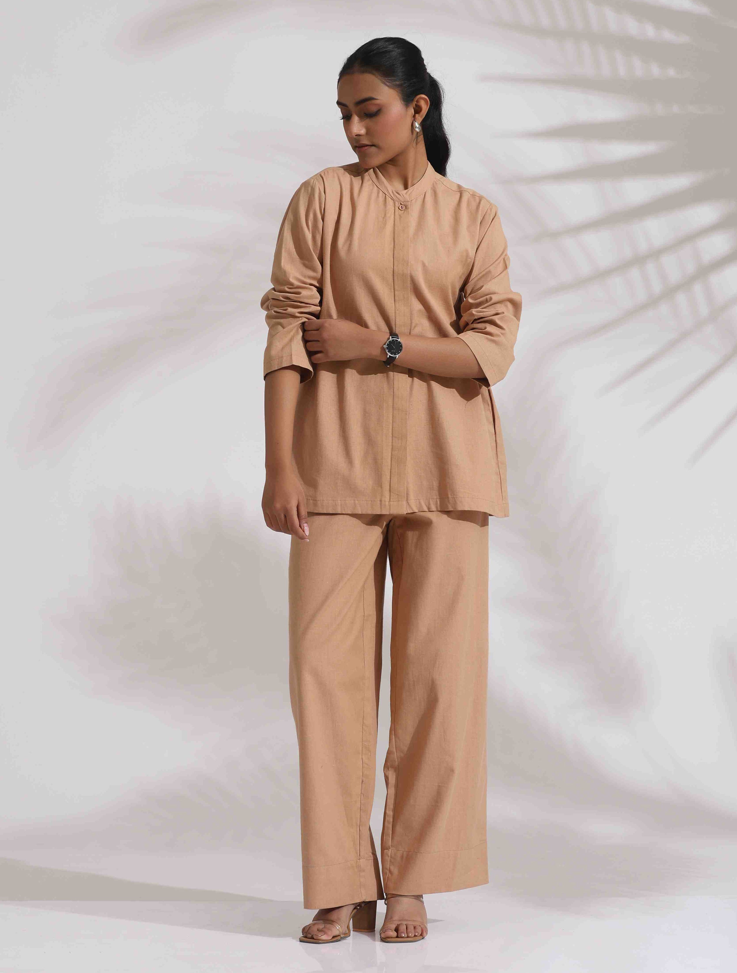 trueBrowns Beige Cotton Embroidered Shirt Top Co-ord Set - Distacart