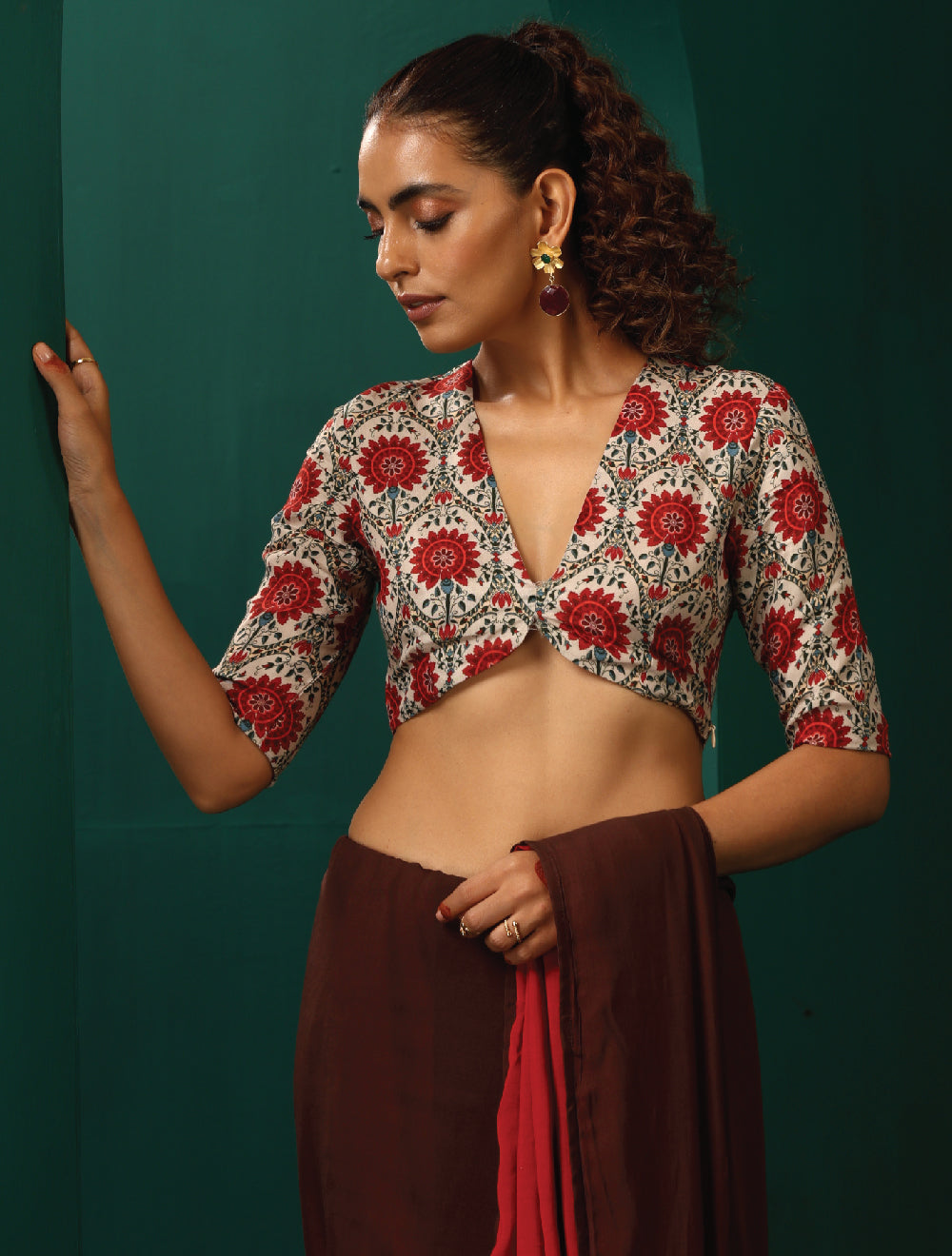 trueBrowns Ivory Red Circle Floral Muslin Silk Printed Deep V-Neck Blouse - Distacart