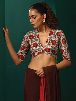 trueBrowns Ivory Red Circle Floral Muslin Silk Printed Deep V-Neck Blouse - Distacart